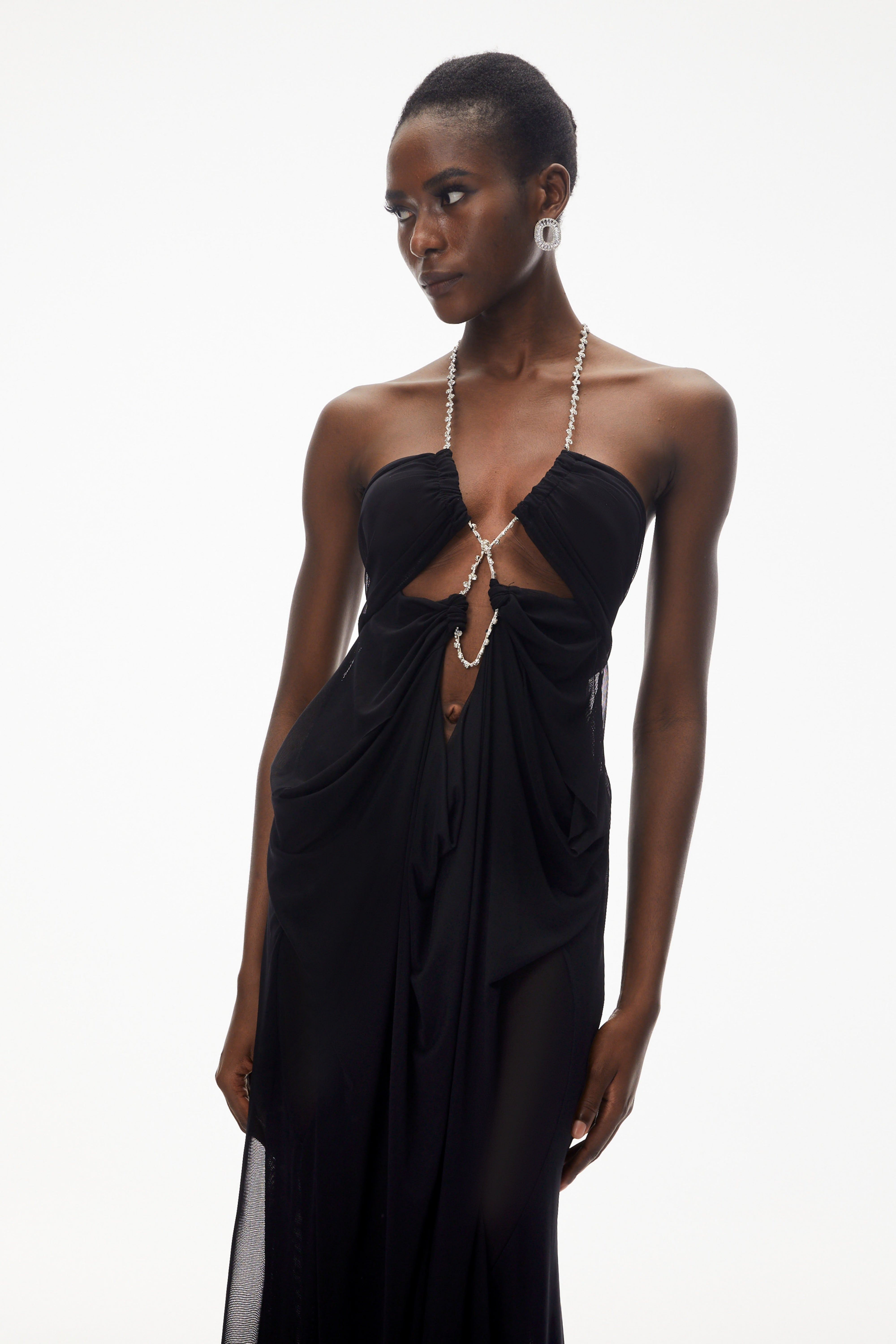 Black halter maxi dress with crystal-embellished cutouts
