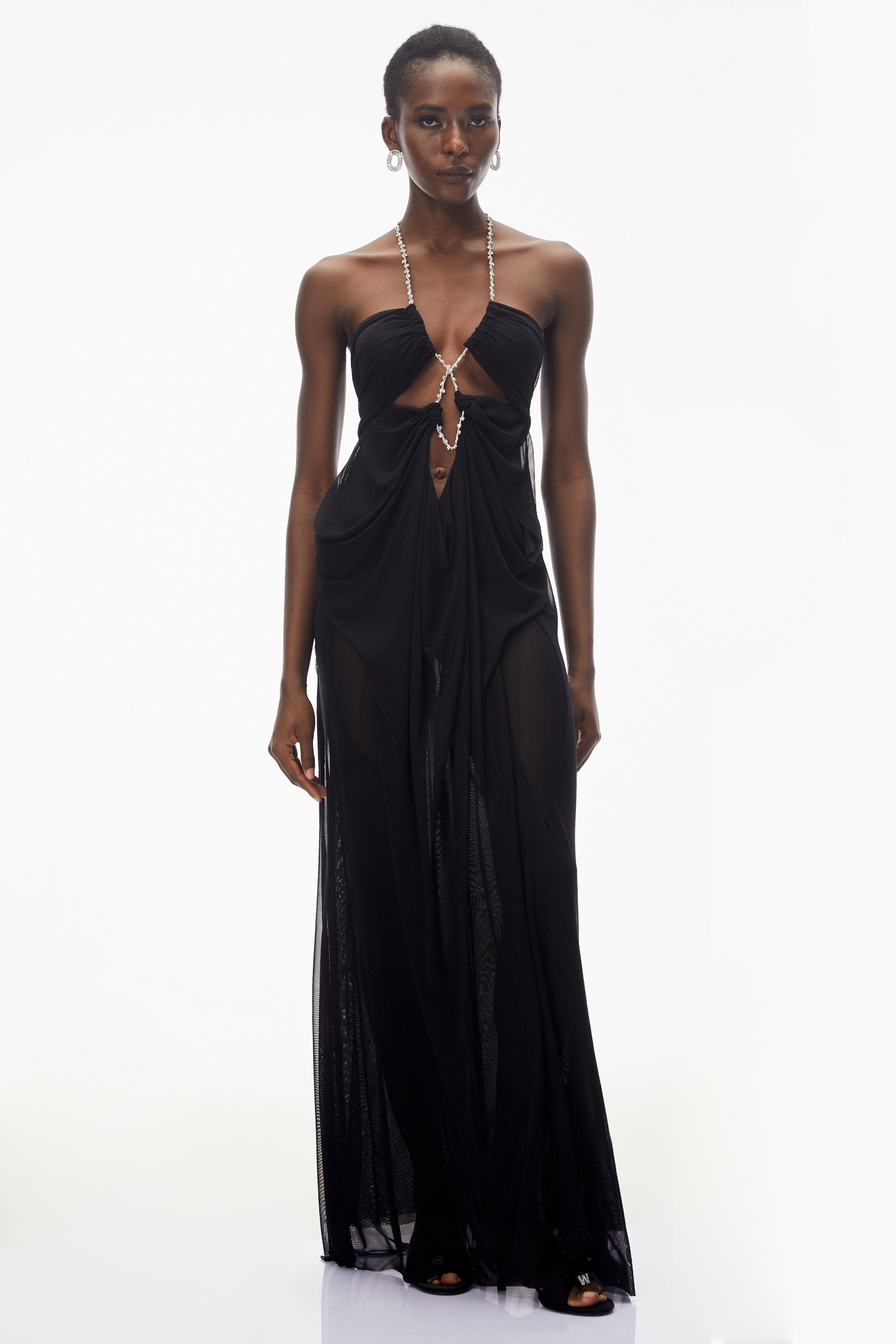 Black halter maxi dress with crystal-embellished cutouts