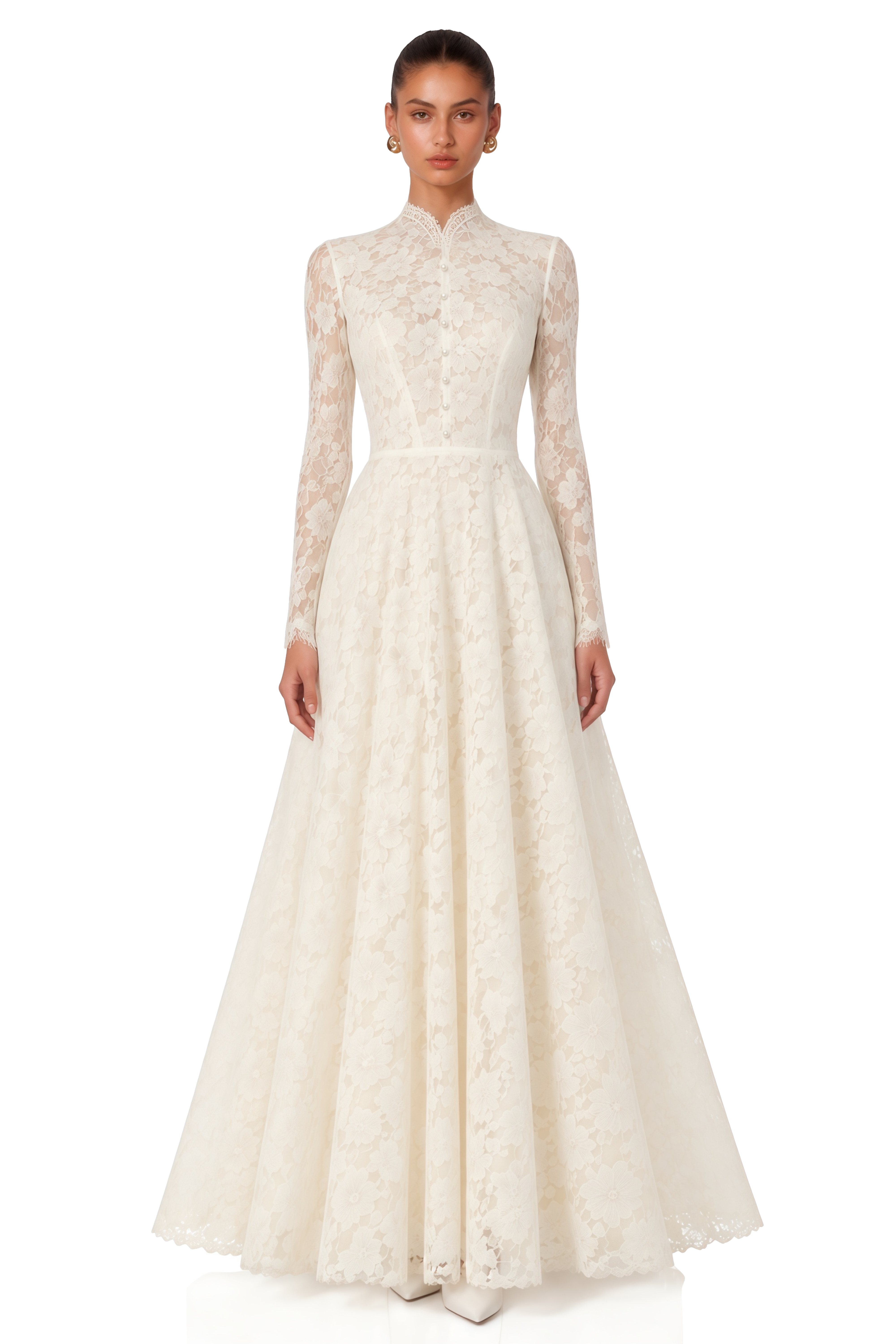 Rosalia White High Neck Long Sleeves Lace Maxi Dress