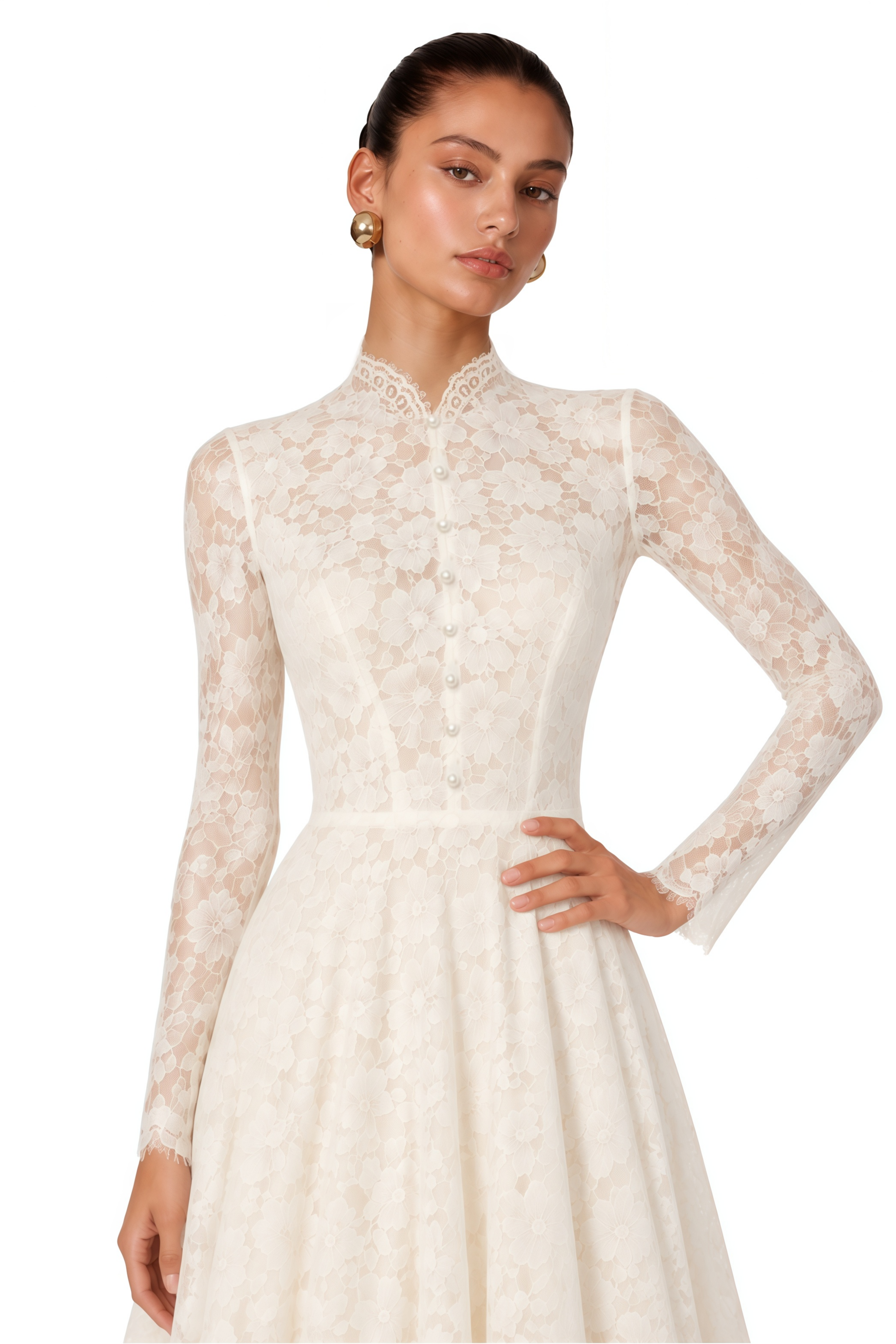 Rosalia White High Neck Long Sleeves Lace Maxi Dress