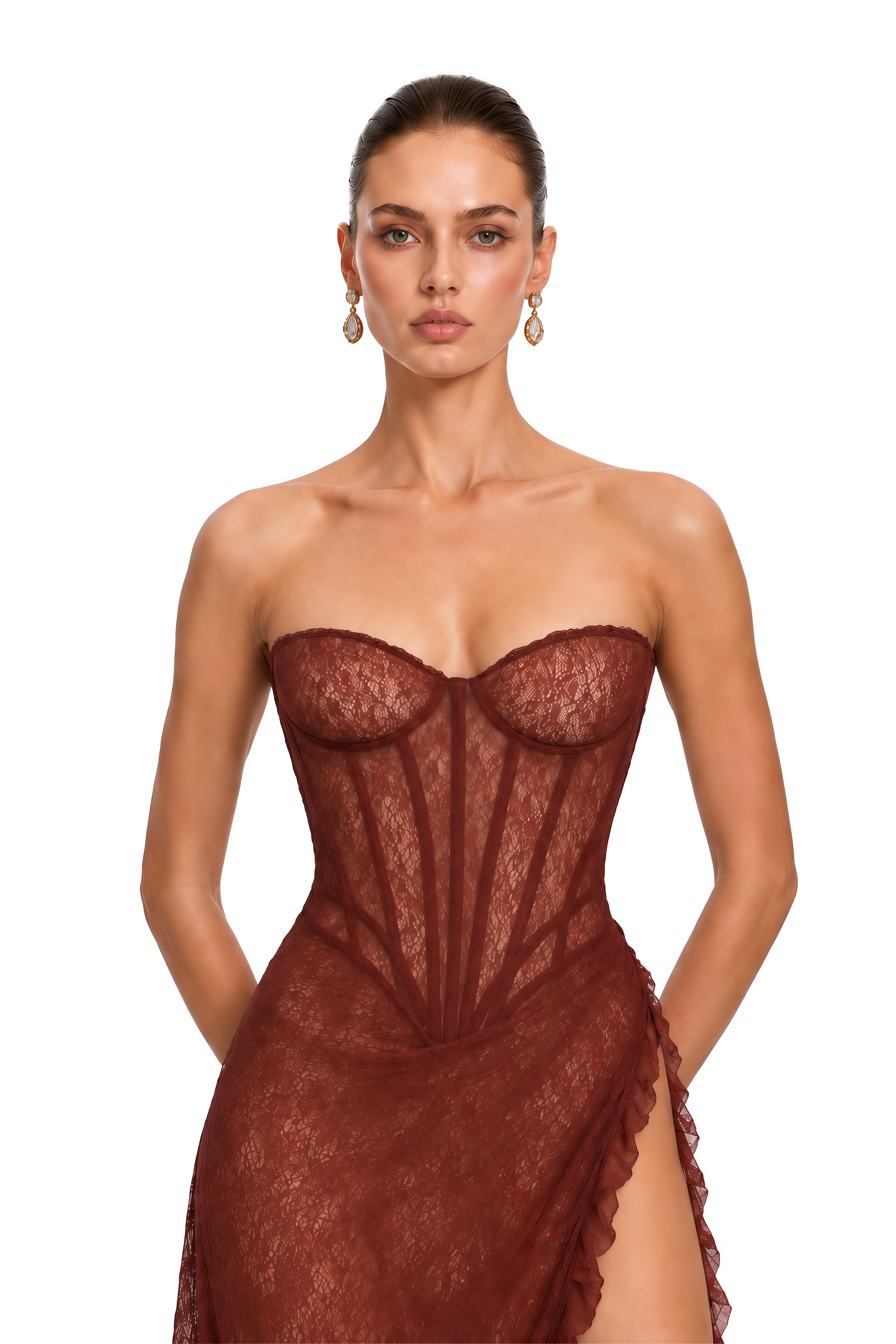 Rosalie Burgundy Sheer Lace Basque Corset Maxi Dress