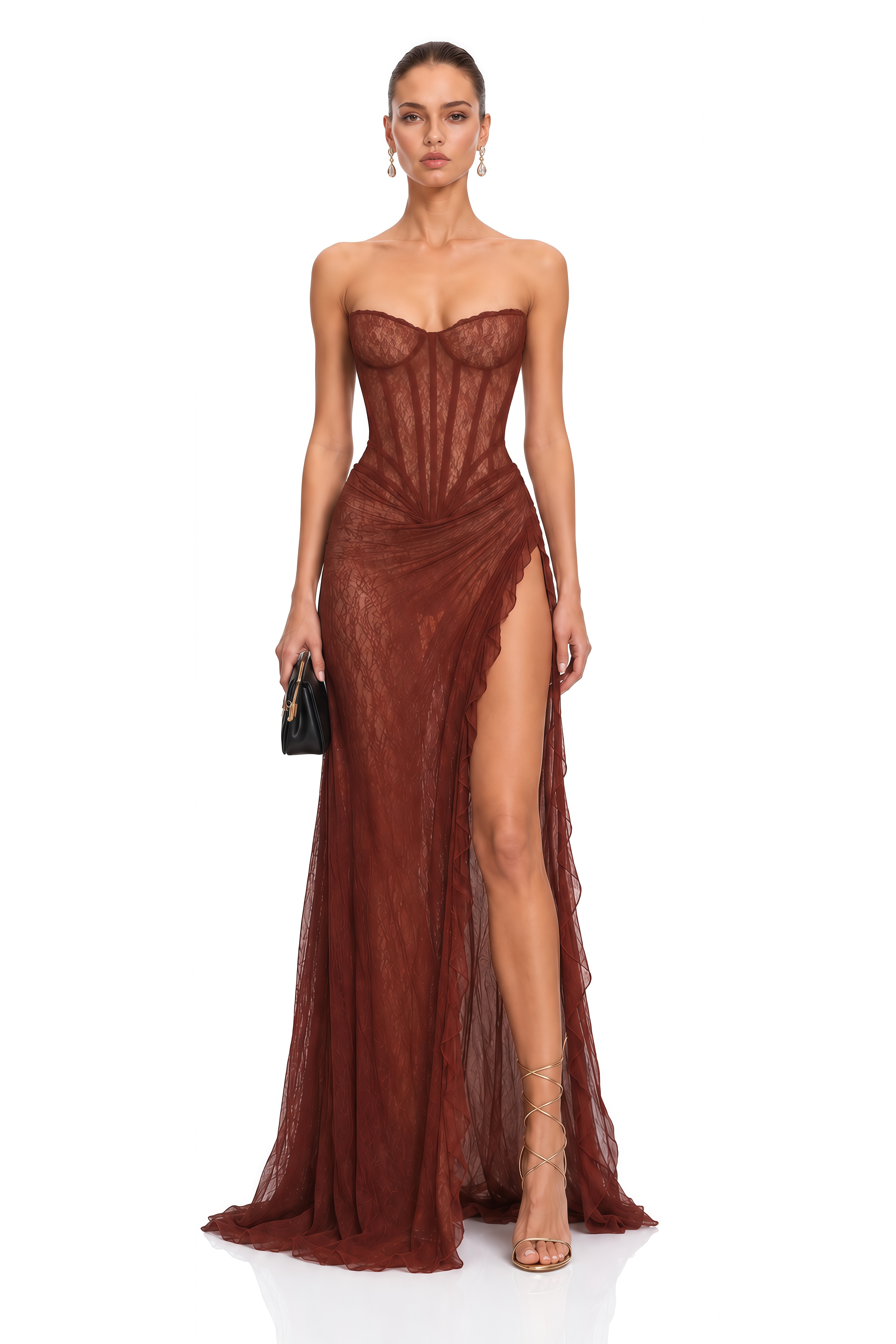 Rosalie Burgundy Sheer Lace Basque Corset Maxi Dress