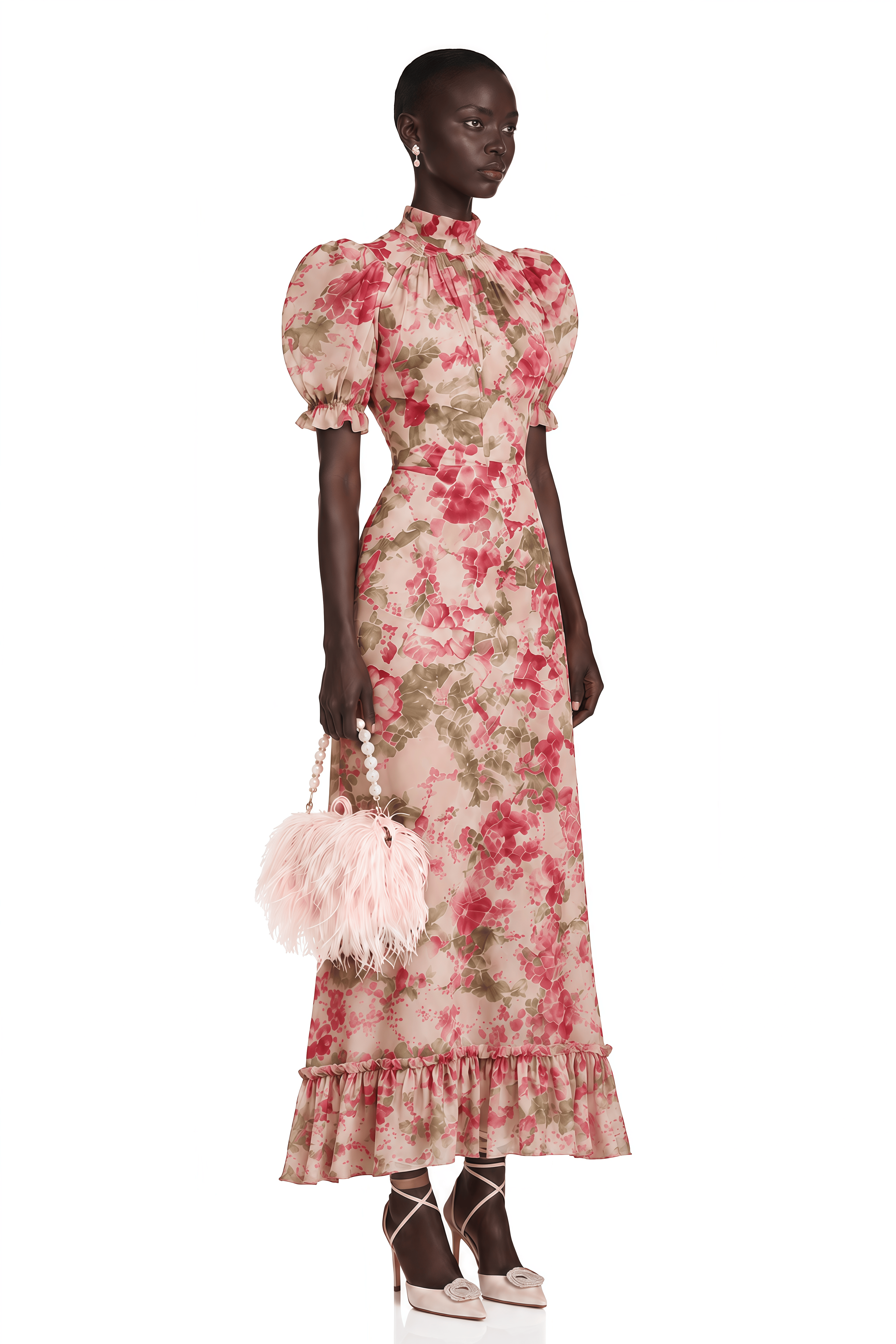 Rosalind Pink Mock Neck Puff Sleeve Floral Maxi Dress