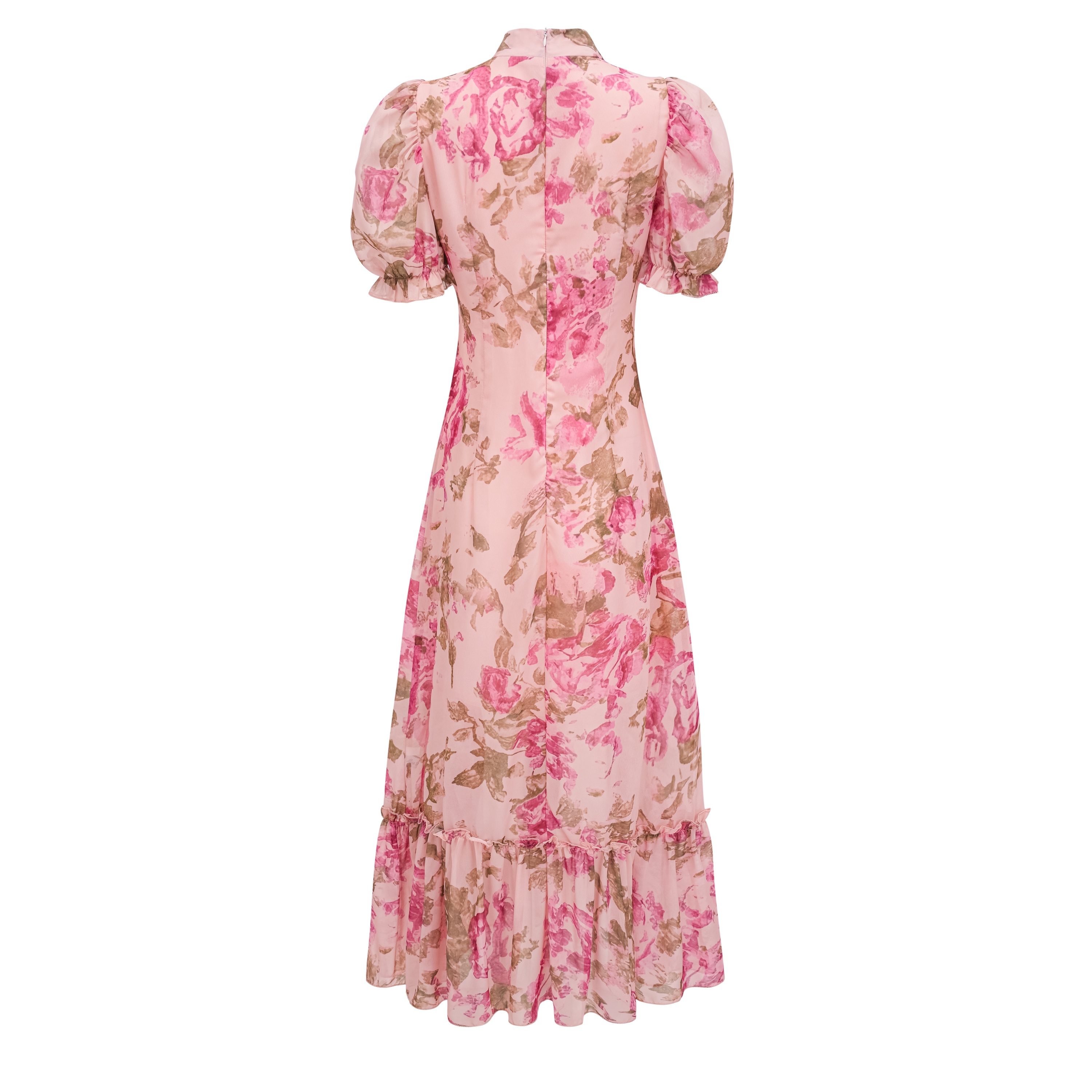 Rosalind Pink Mock Neck Puff Sleeve Floral Maxi Dress