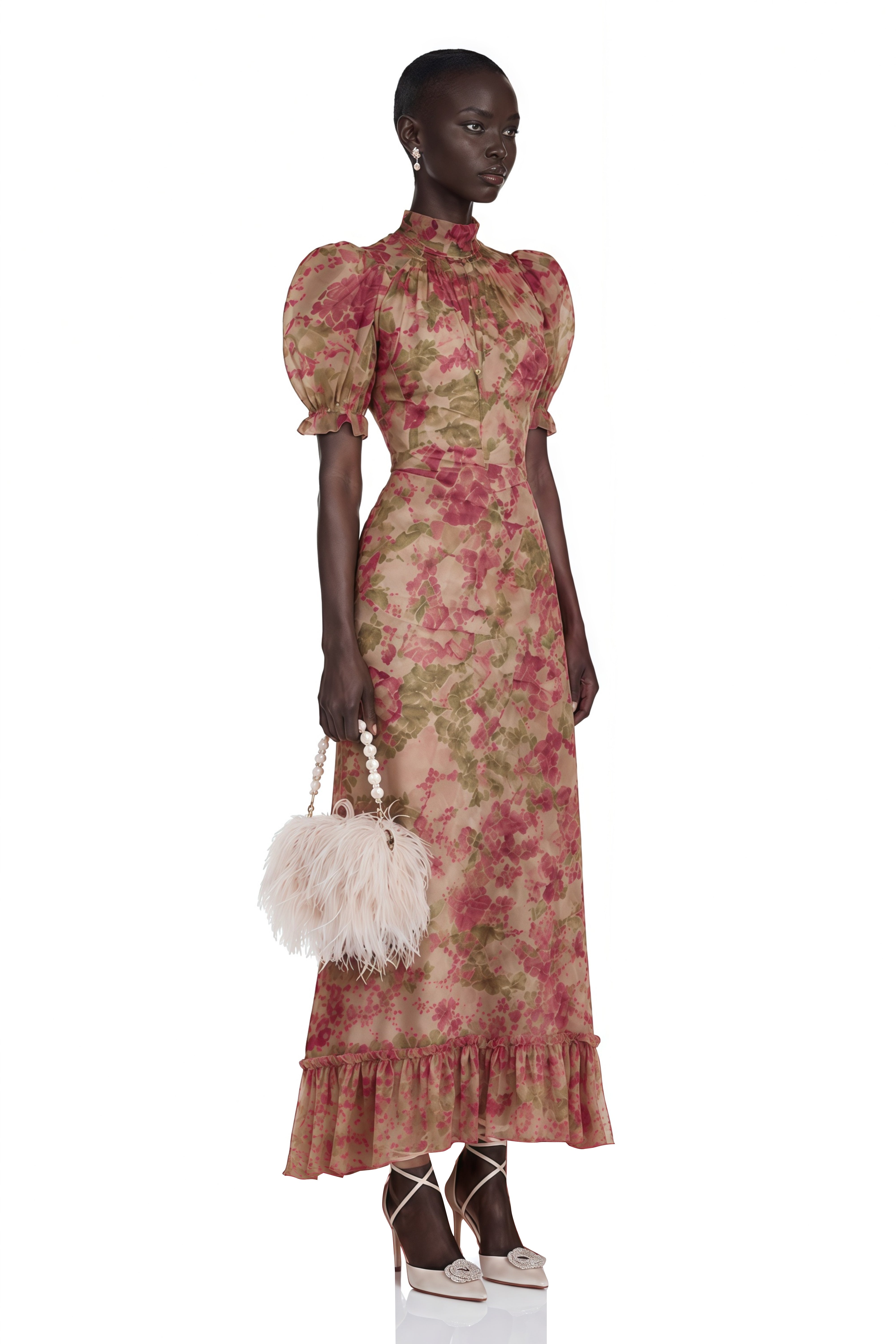 Pink floral maxi dress with a high neck and puff sleeves