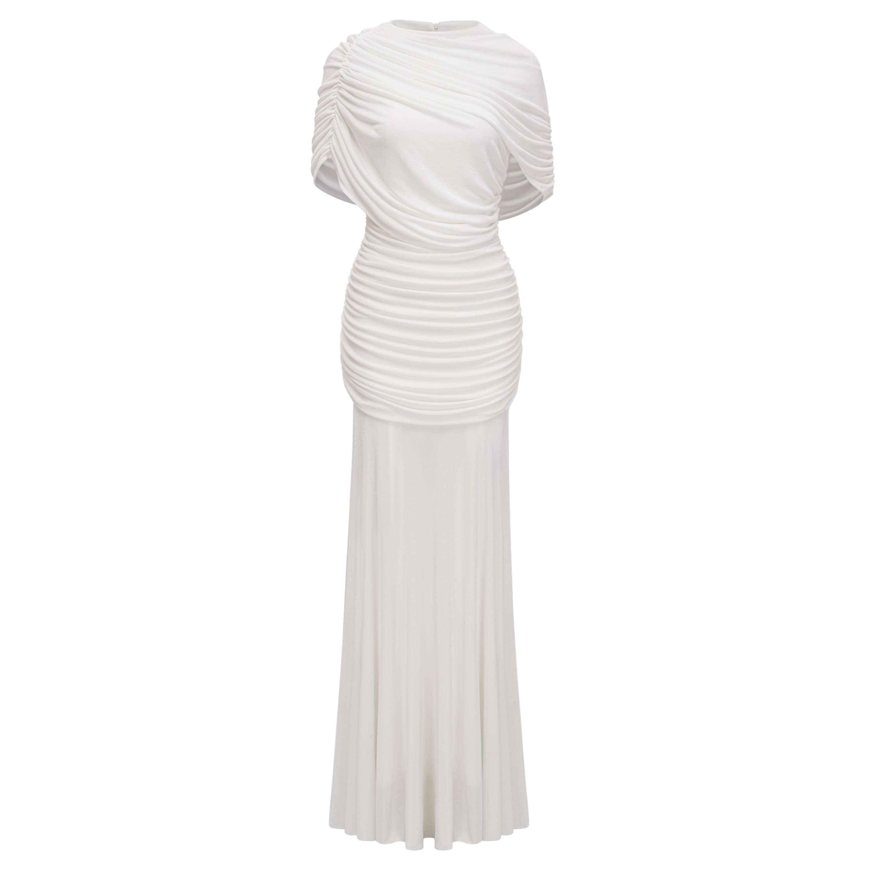 Rosalyn White Crew Neck Ruched Maxi Dress