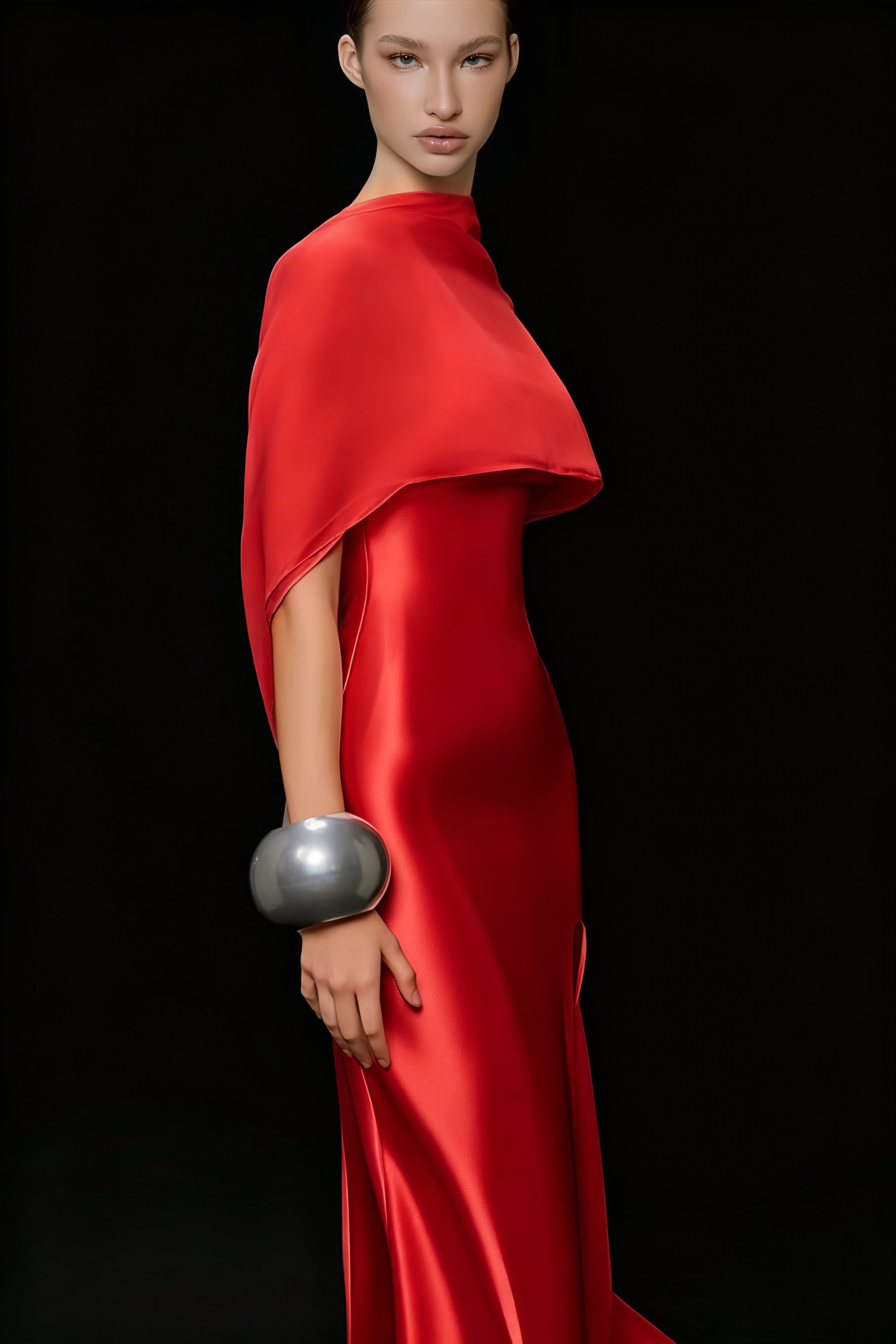 Red Satin Floor-Length Gown with Matching Cape and High Leg Slit