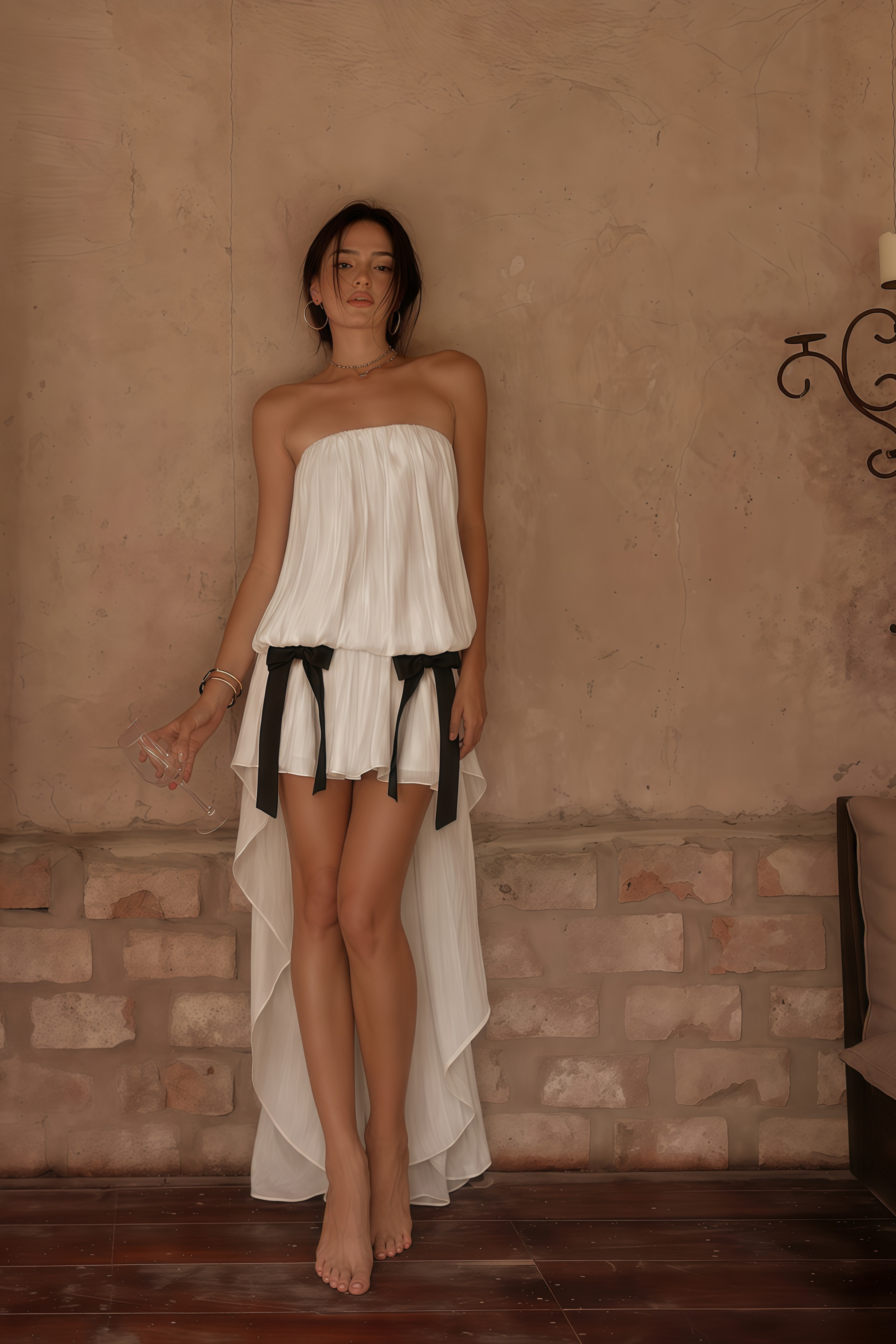 Rosario White Ruched Mini Dress with Bow