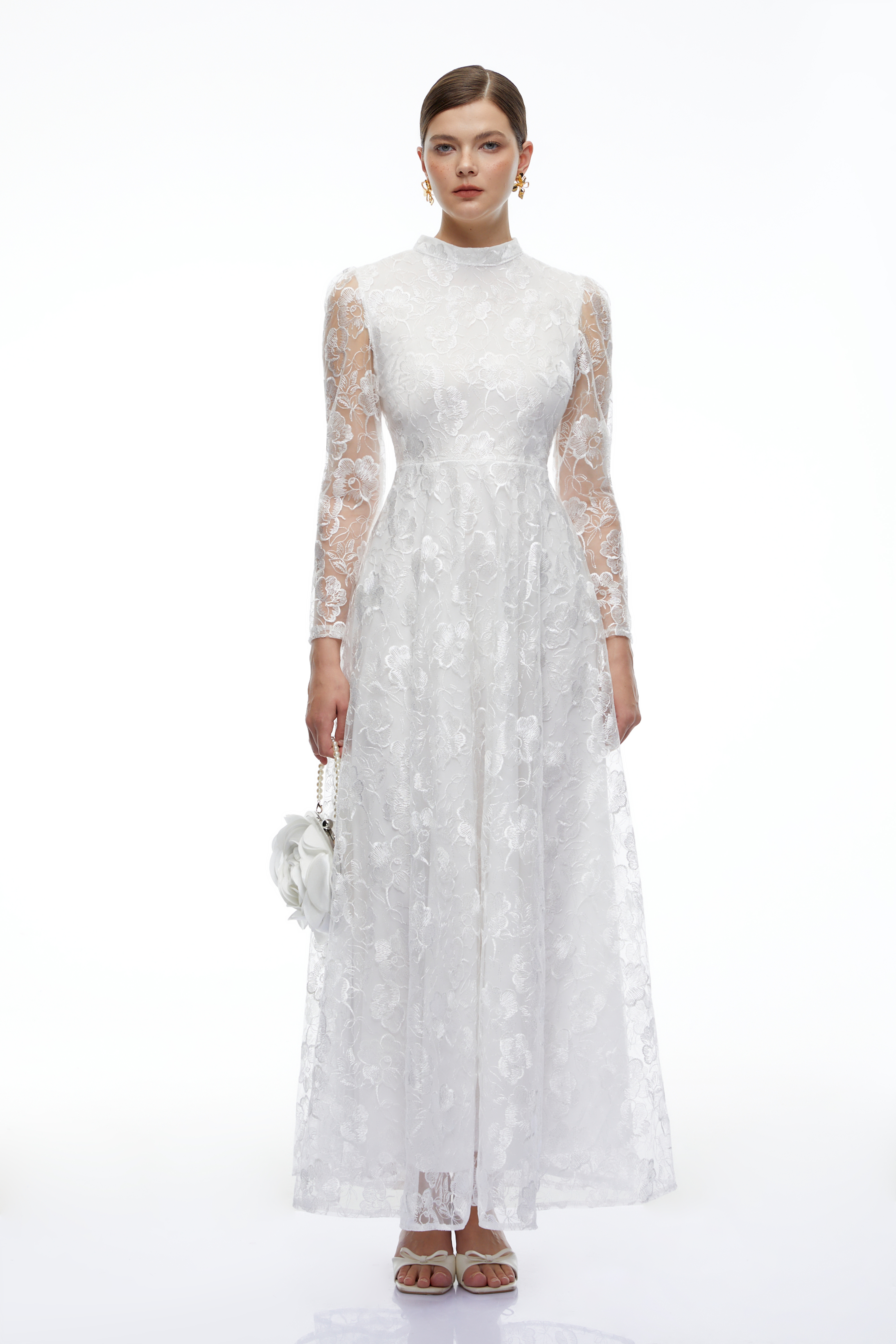 Rosemary White Turtleneck Floral Lace Maxi Dress