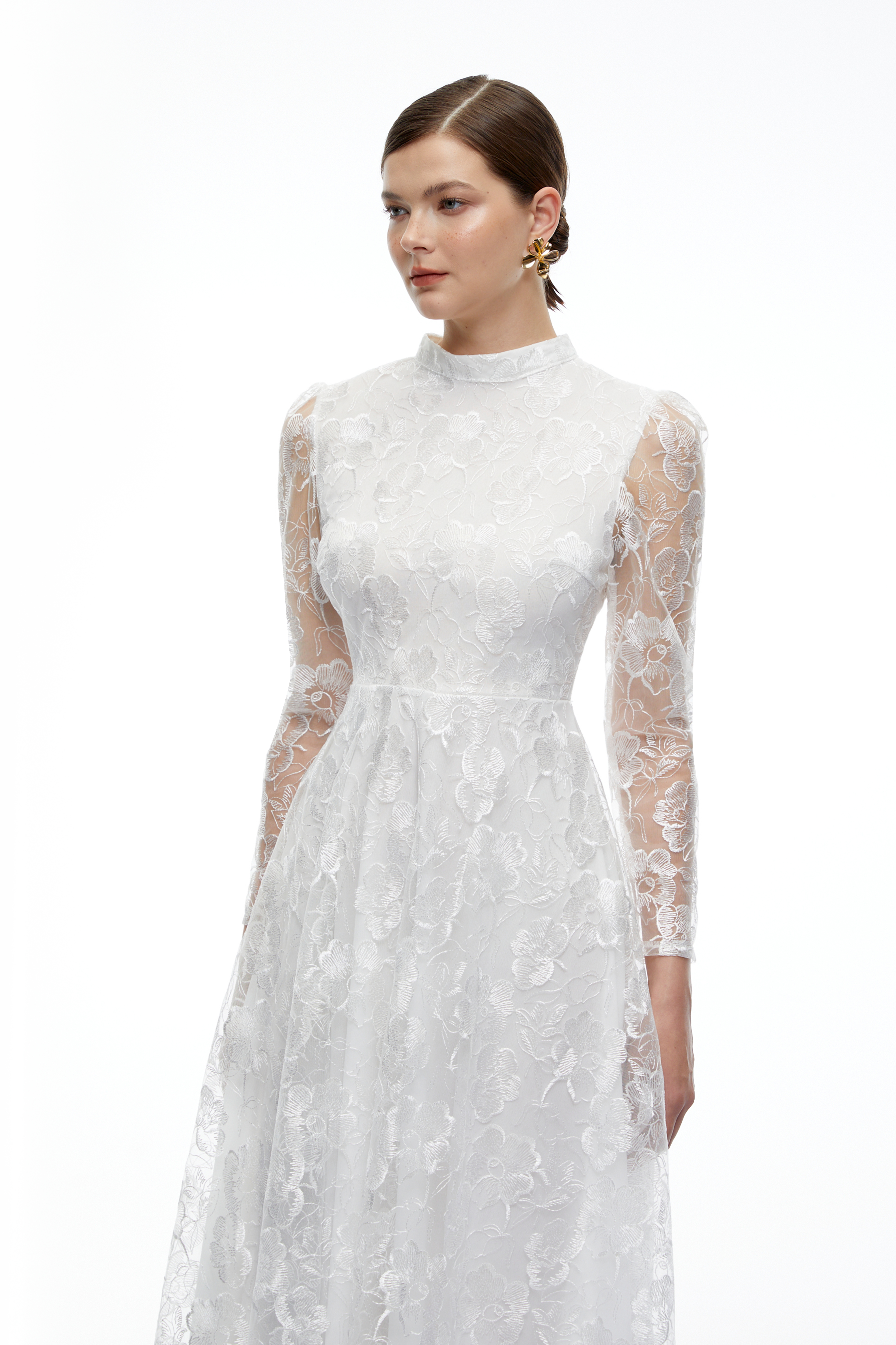 Rosemary White Turtleneck Floral Lace Maxi Dress