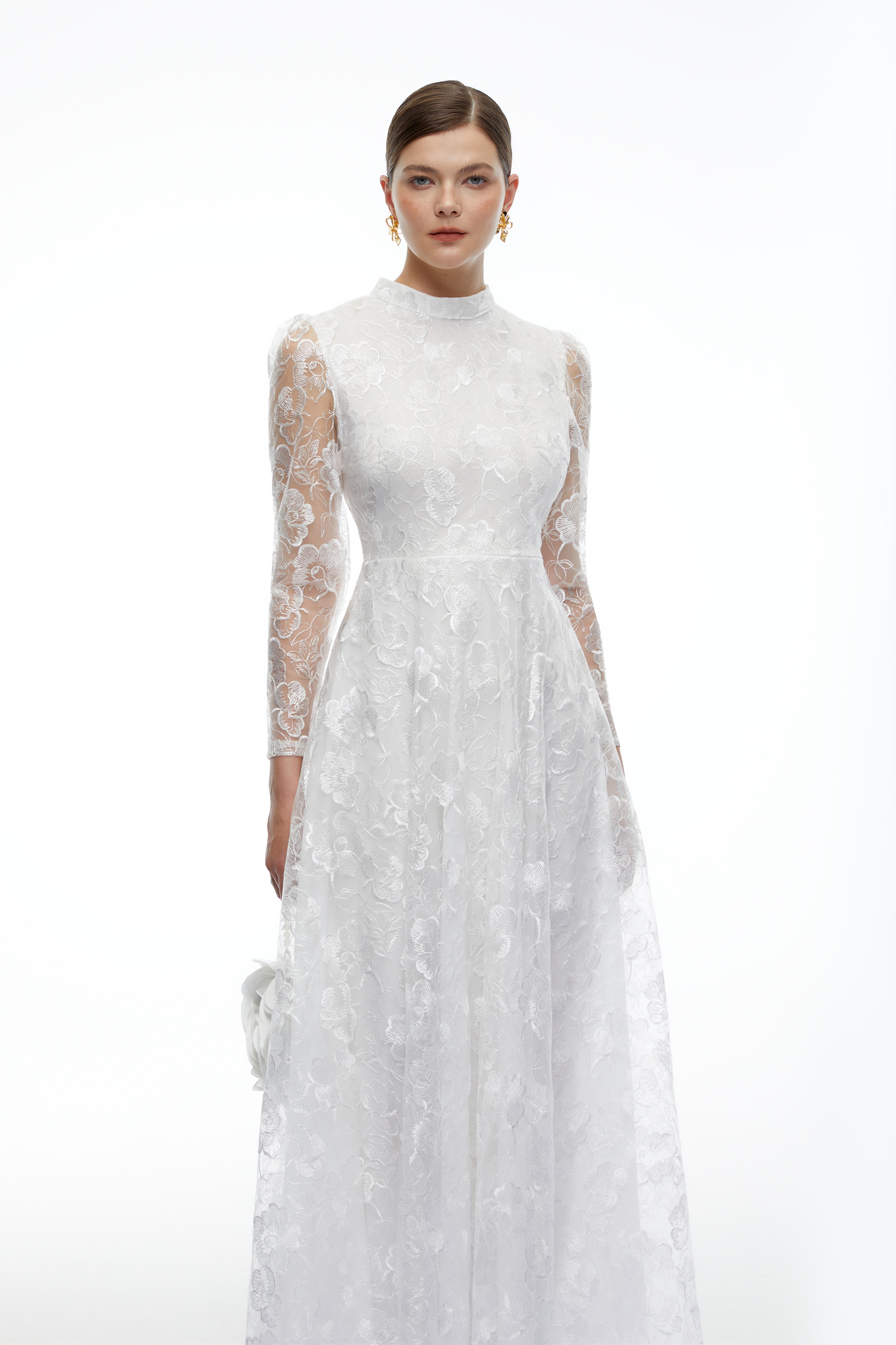 Rosemary White Turtleneck Floral Lace Maxi Dress