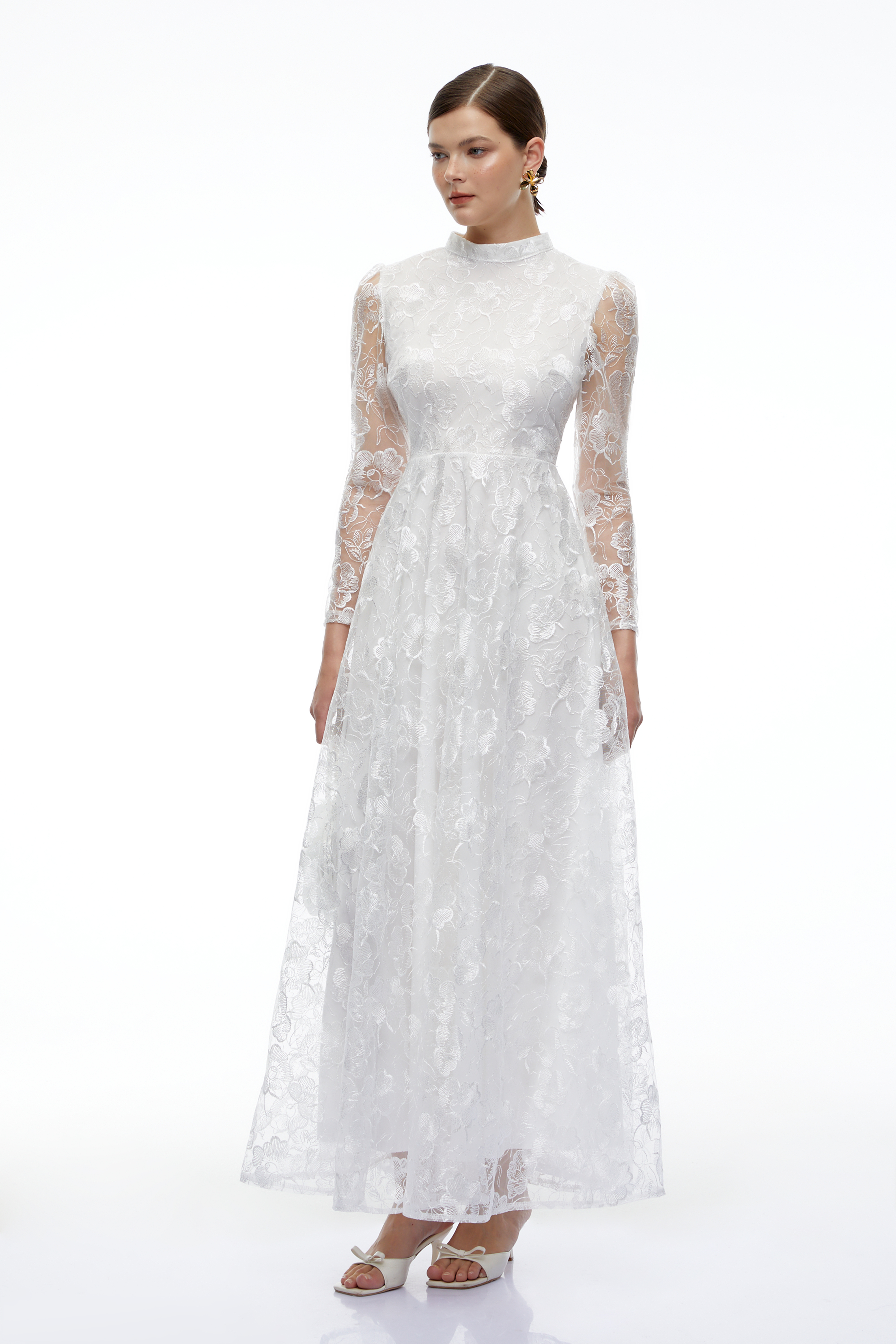 Rosemary White Turtleneck Floral Lace Maxi Dress