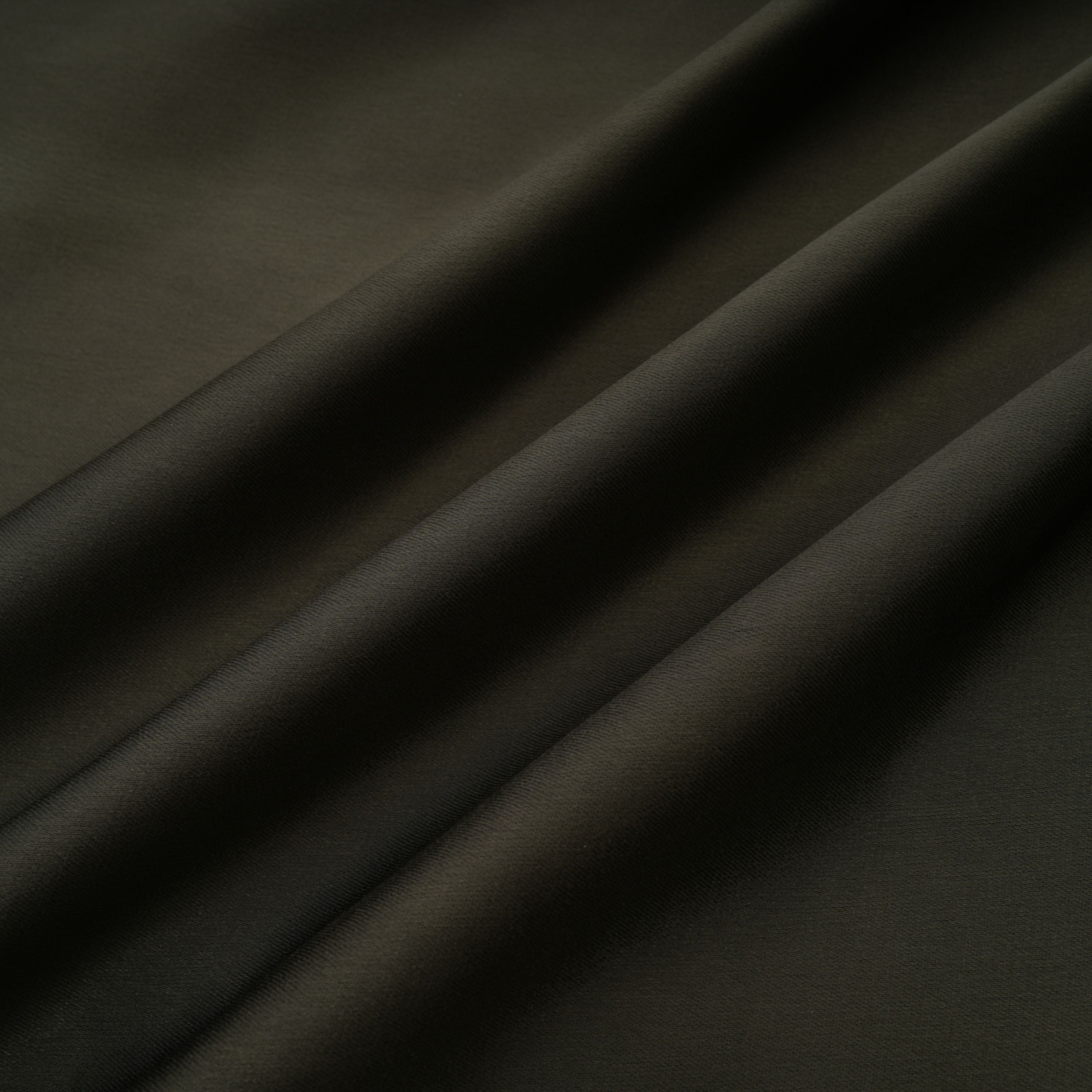 Olive green satin maxi dress with a draped one-shoulder neckline and ruched fitted skirt