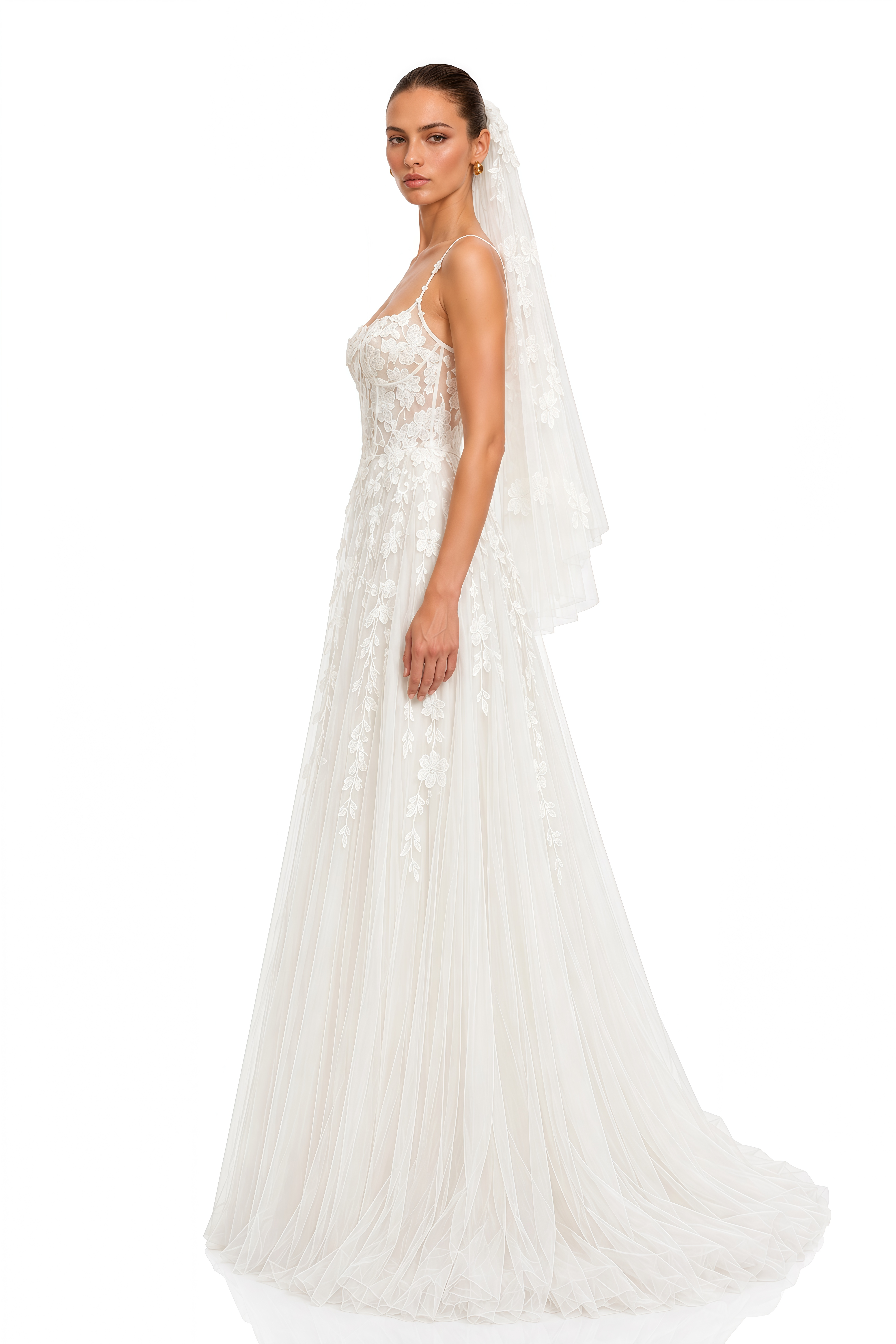 Rosine White Floral Appliqué Spaghetti Strap Tulle Maxi Dress