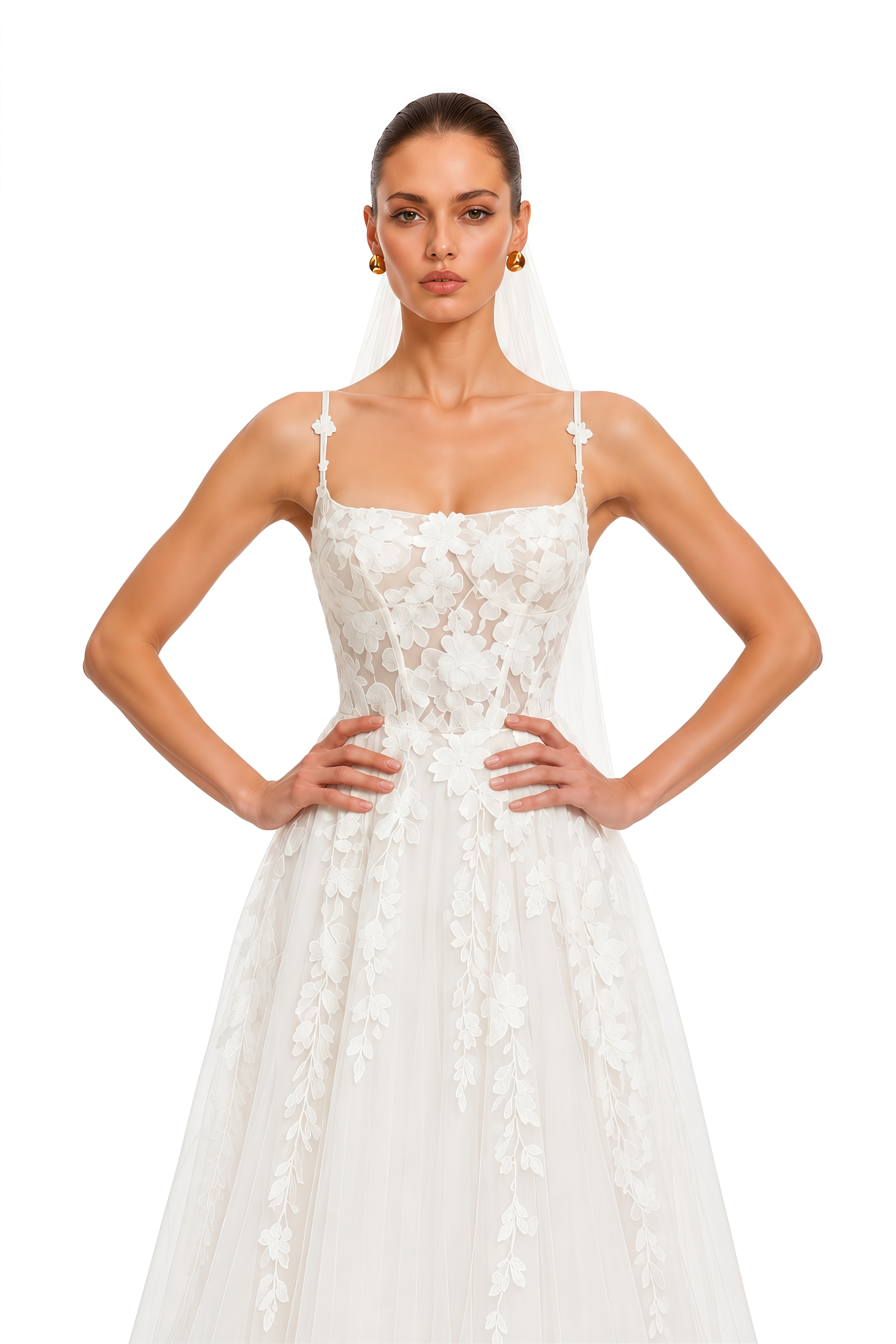 Rosine White Floral Appliqué Spaghetti Strap Tulle Maxi Dress
