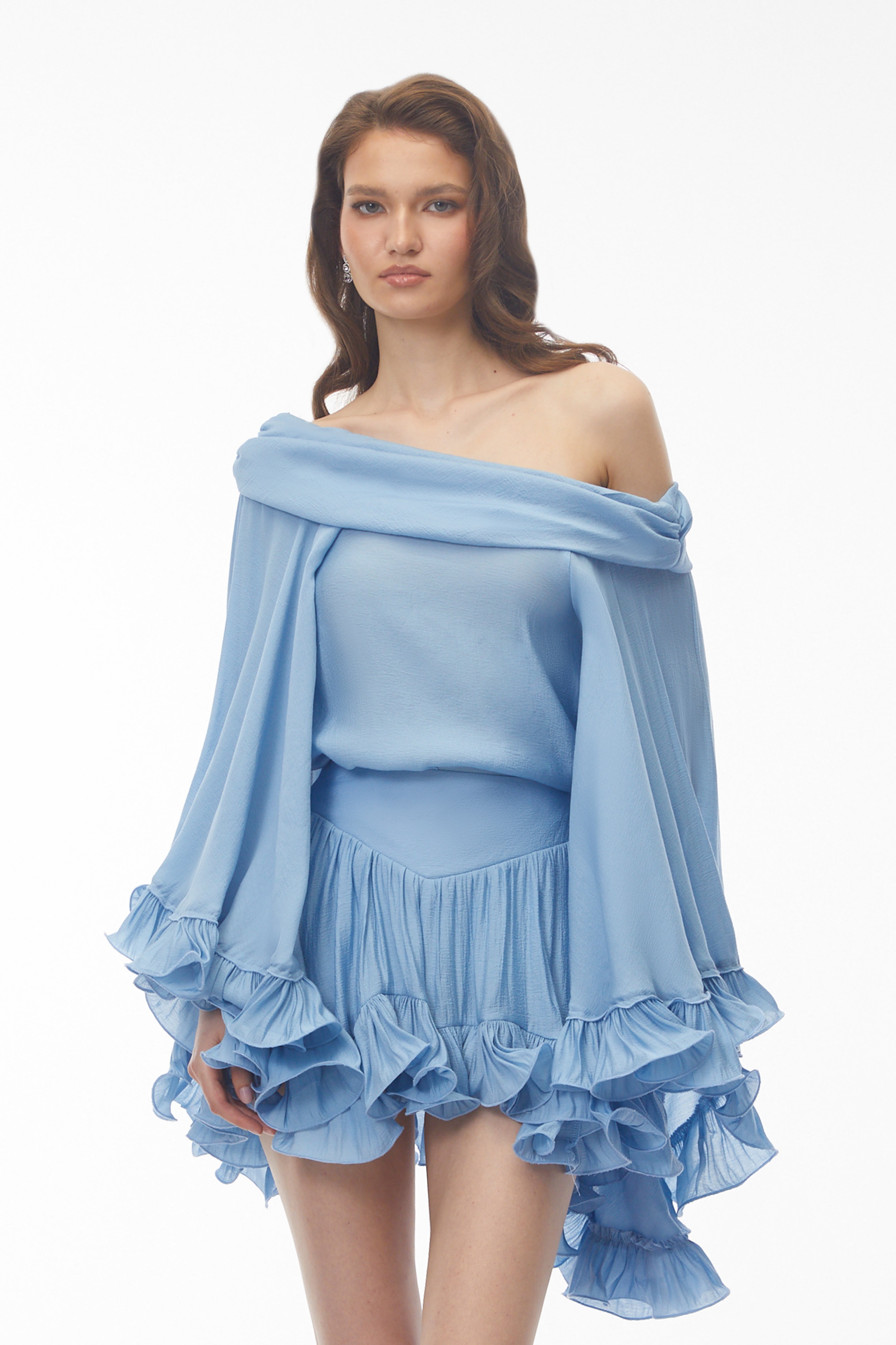 Periwinkle blue off-the-shoulder mini dress with tiered ruffle statement sleeves and hem