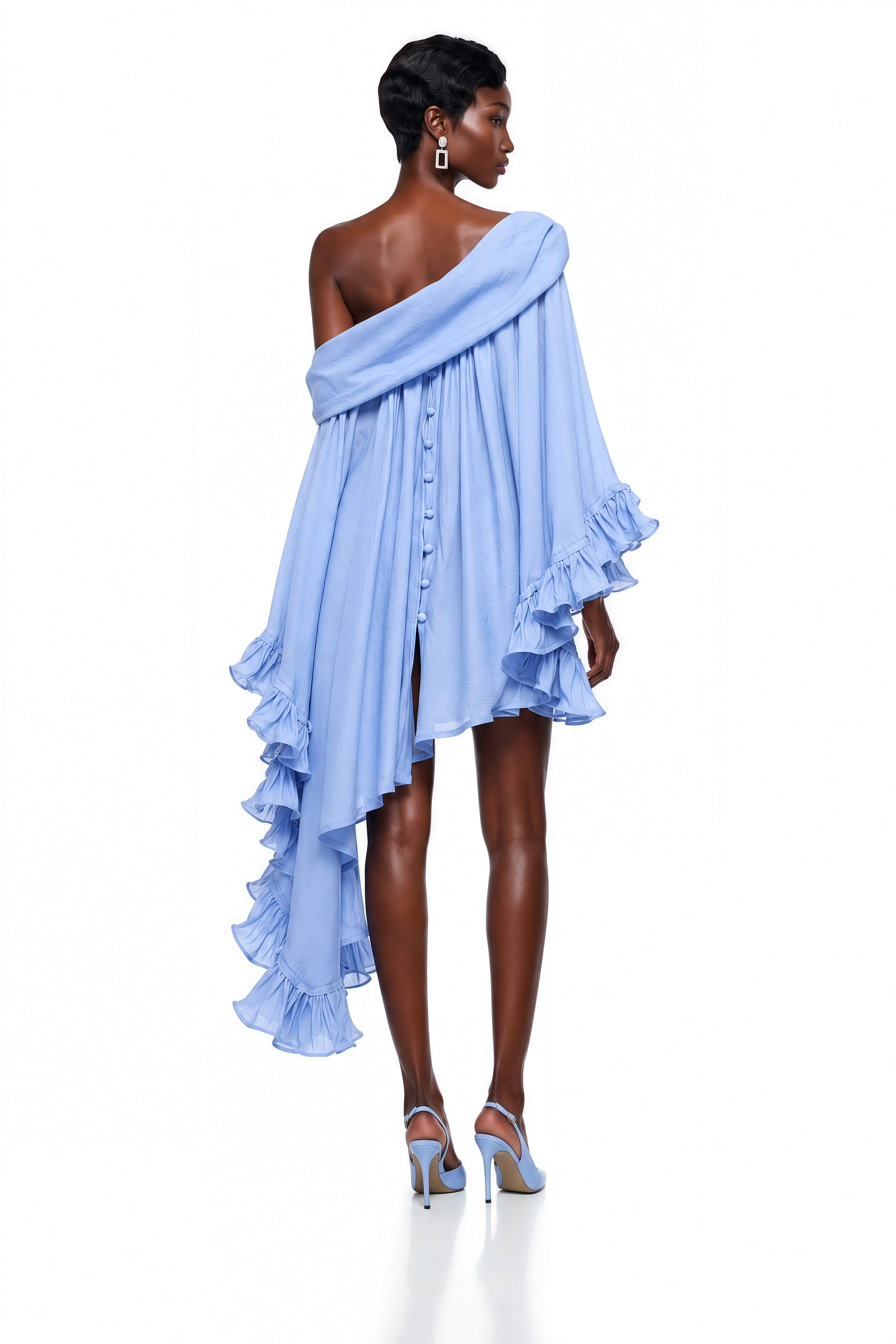 Periwinkle blue off-the-shoulder mini dress with tiered ruffle statement sleeves and hem
