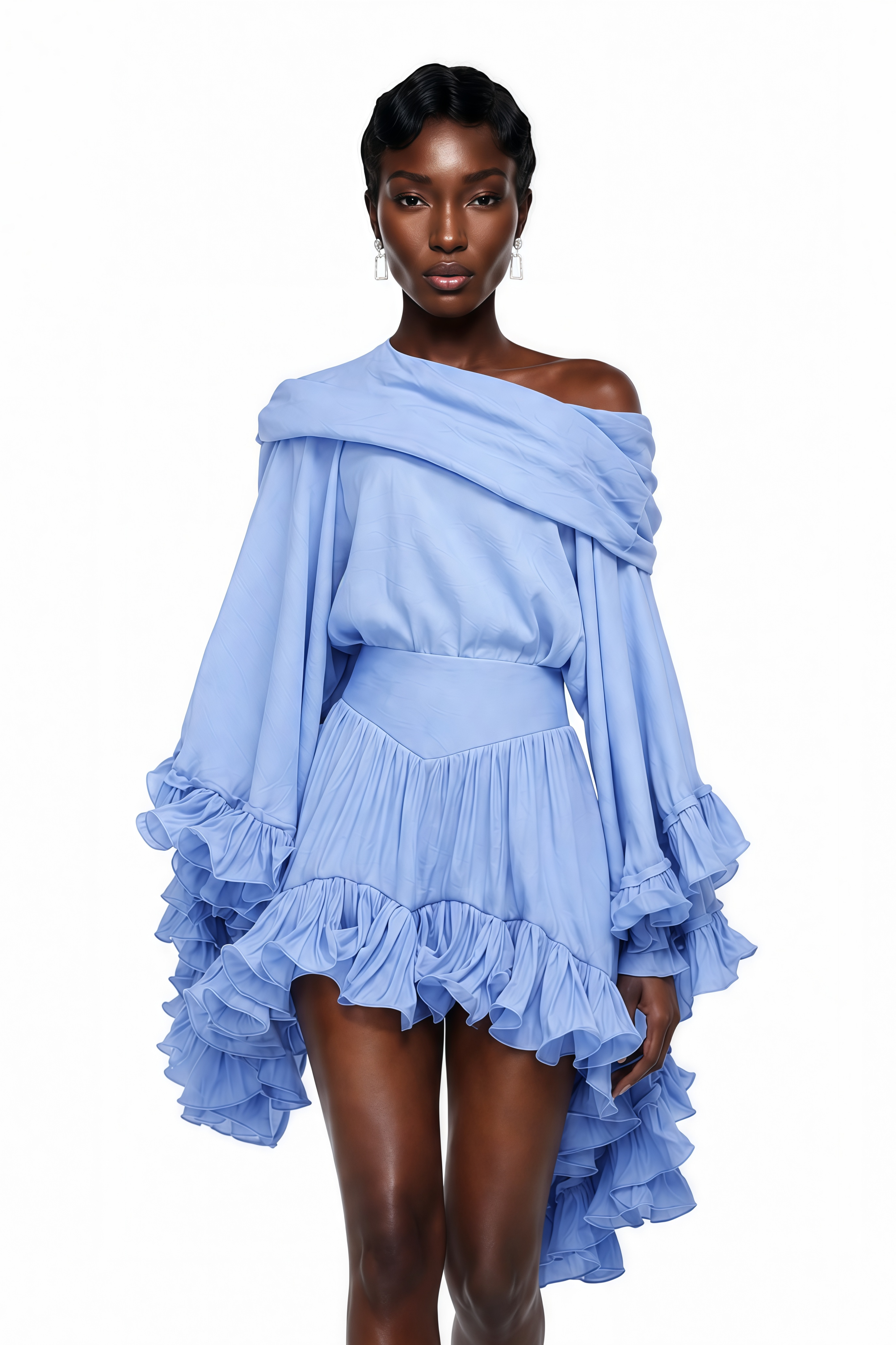 Periwinkle blue off-the-shoulder mini dress with tiered ruffle statement sleeves and hem