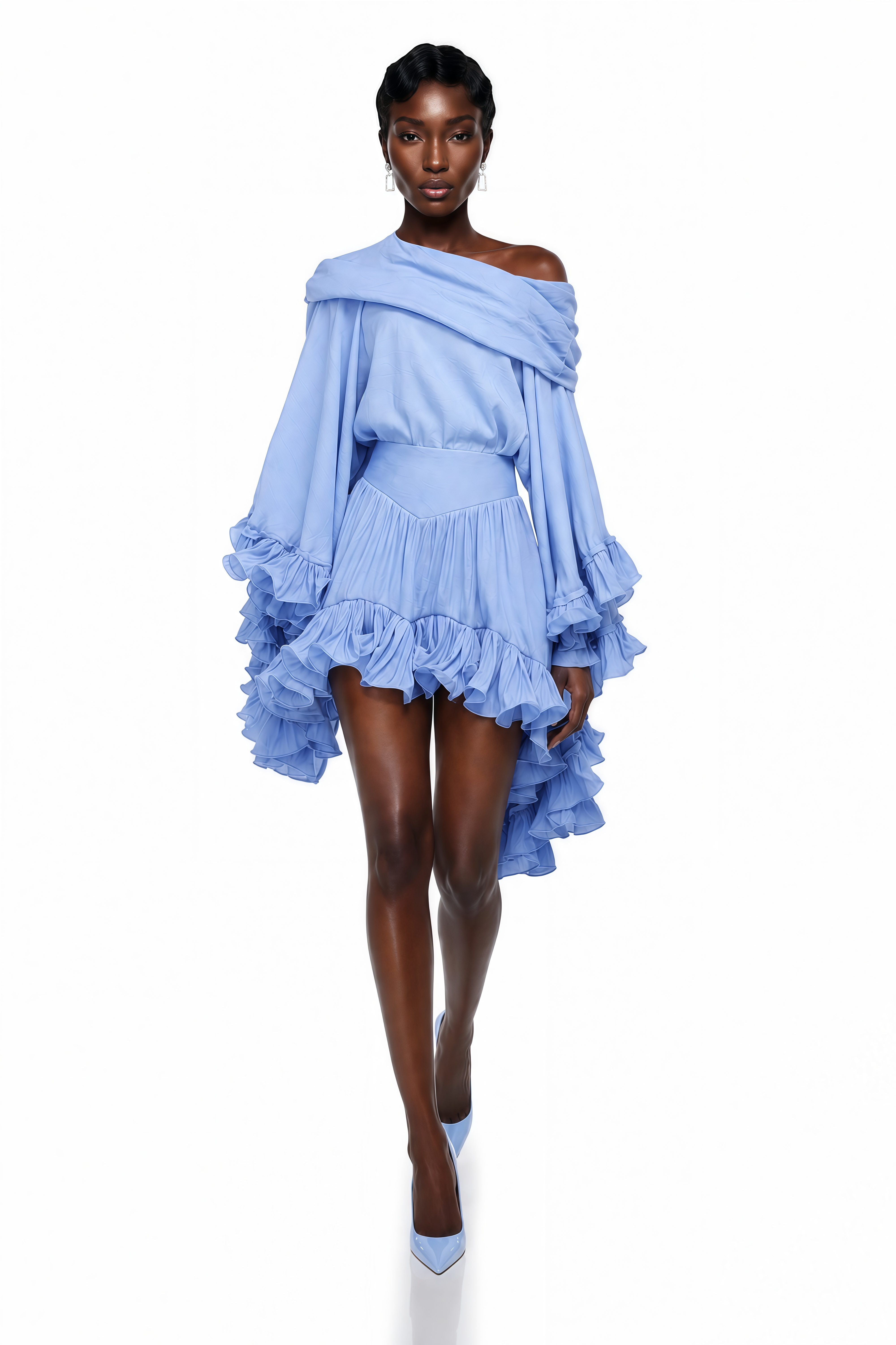 Periwinkle blue off-the-shoulder mini dress with tiered ruffle statement sleeves and hem