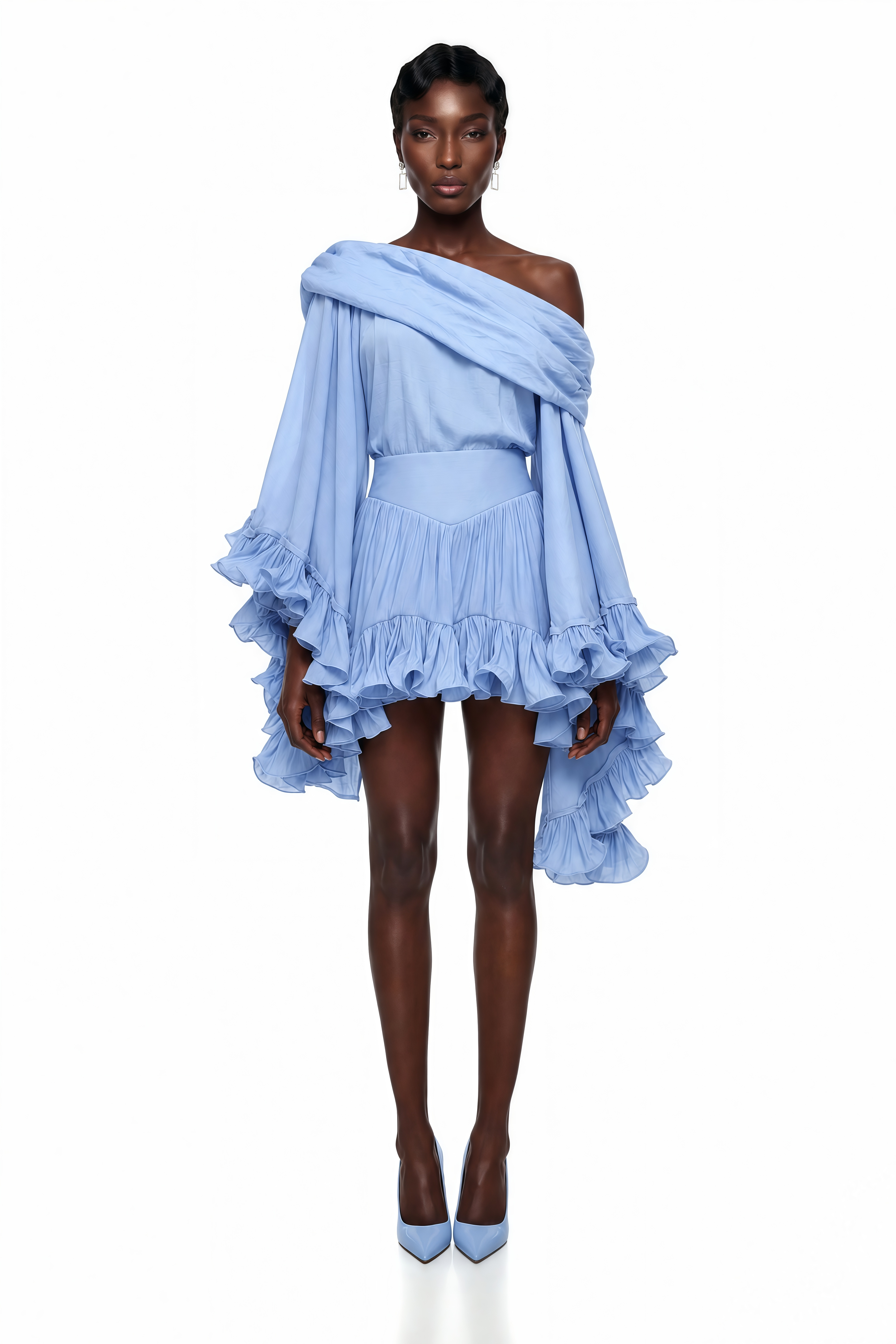 Periwinkle blue off-the-shoulder mini dress with tiered ruffle statement sleeves and hem