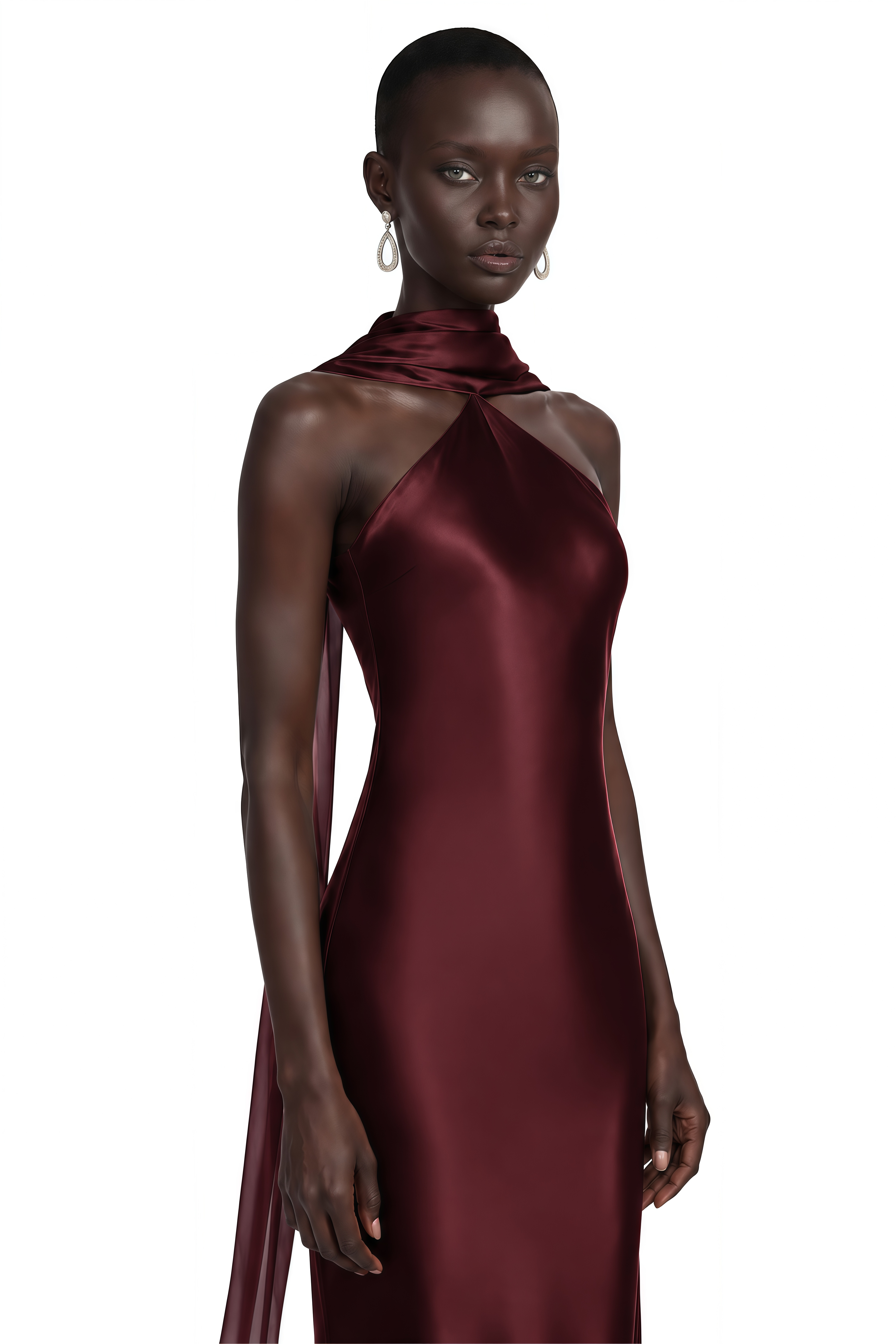 Rowena Burgundy Halterneck Maxi Dress With Scarf