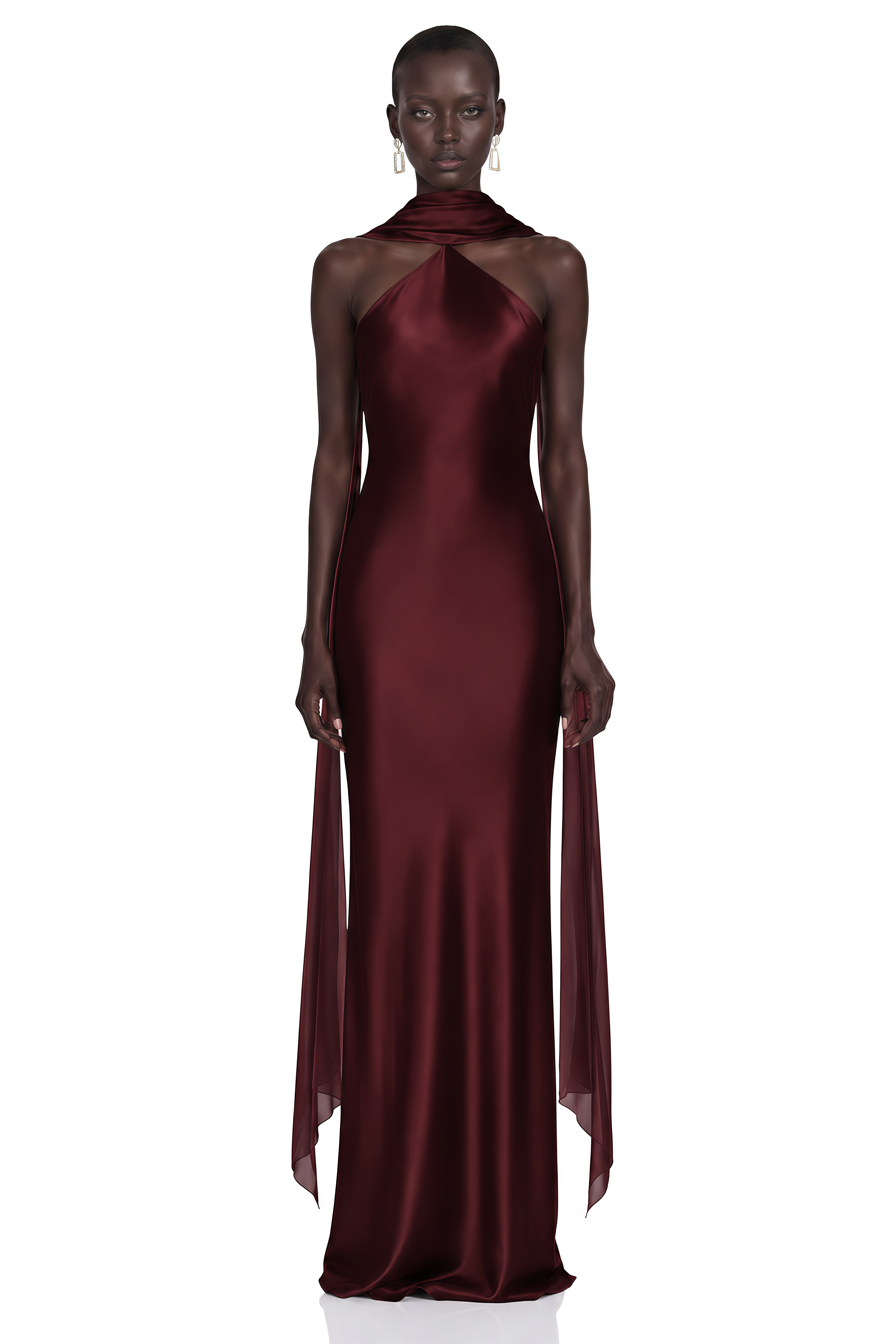 Rowena Burgundy Halterneck Maxi Dress With Scarf