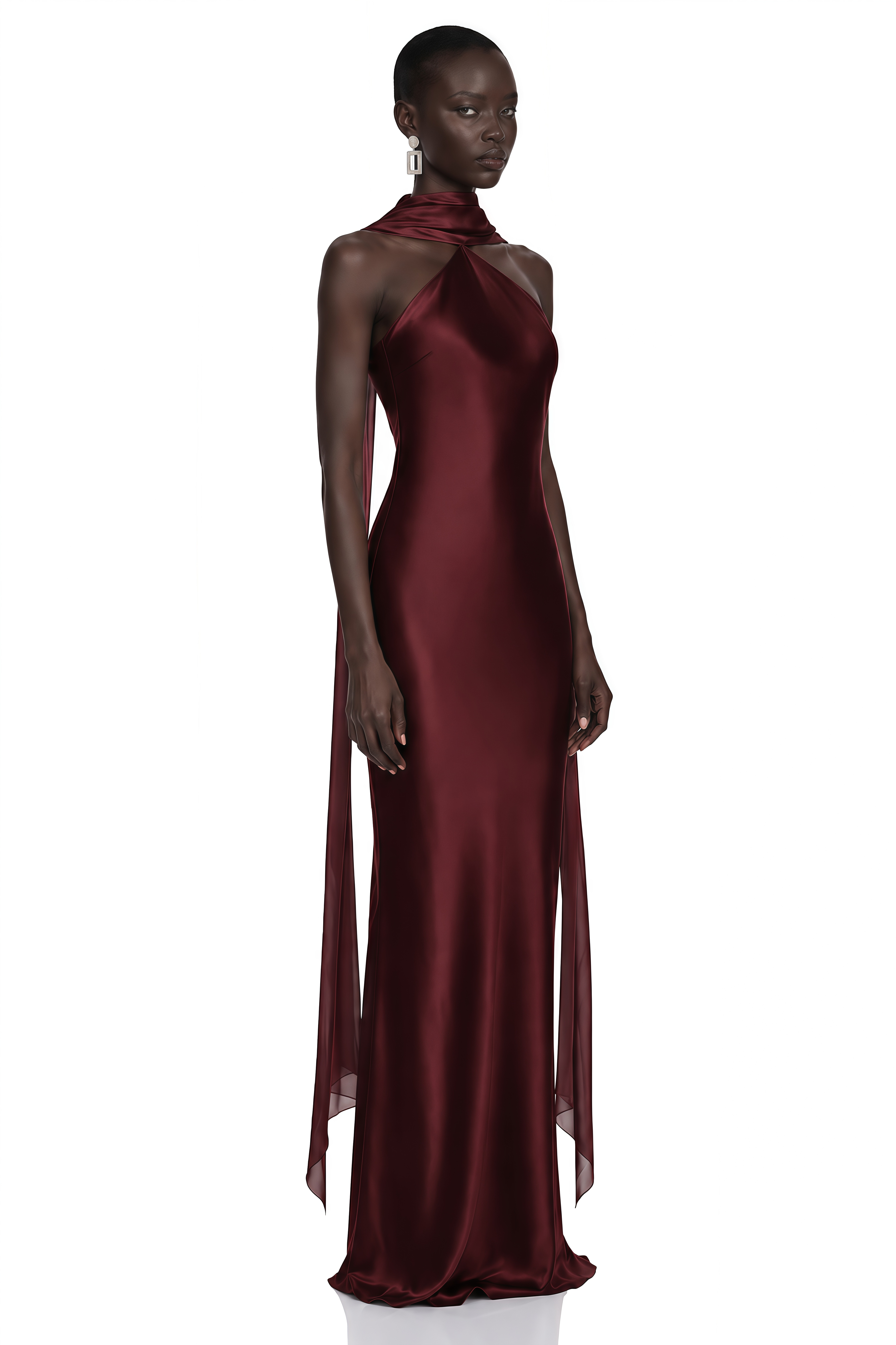 Rowena Burgundy Halterneck Maxi Dress With Scarf