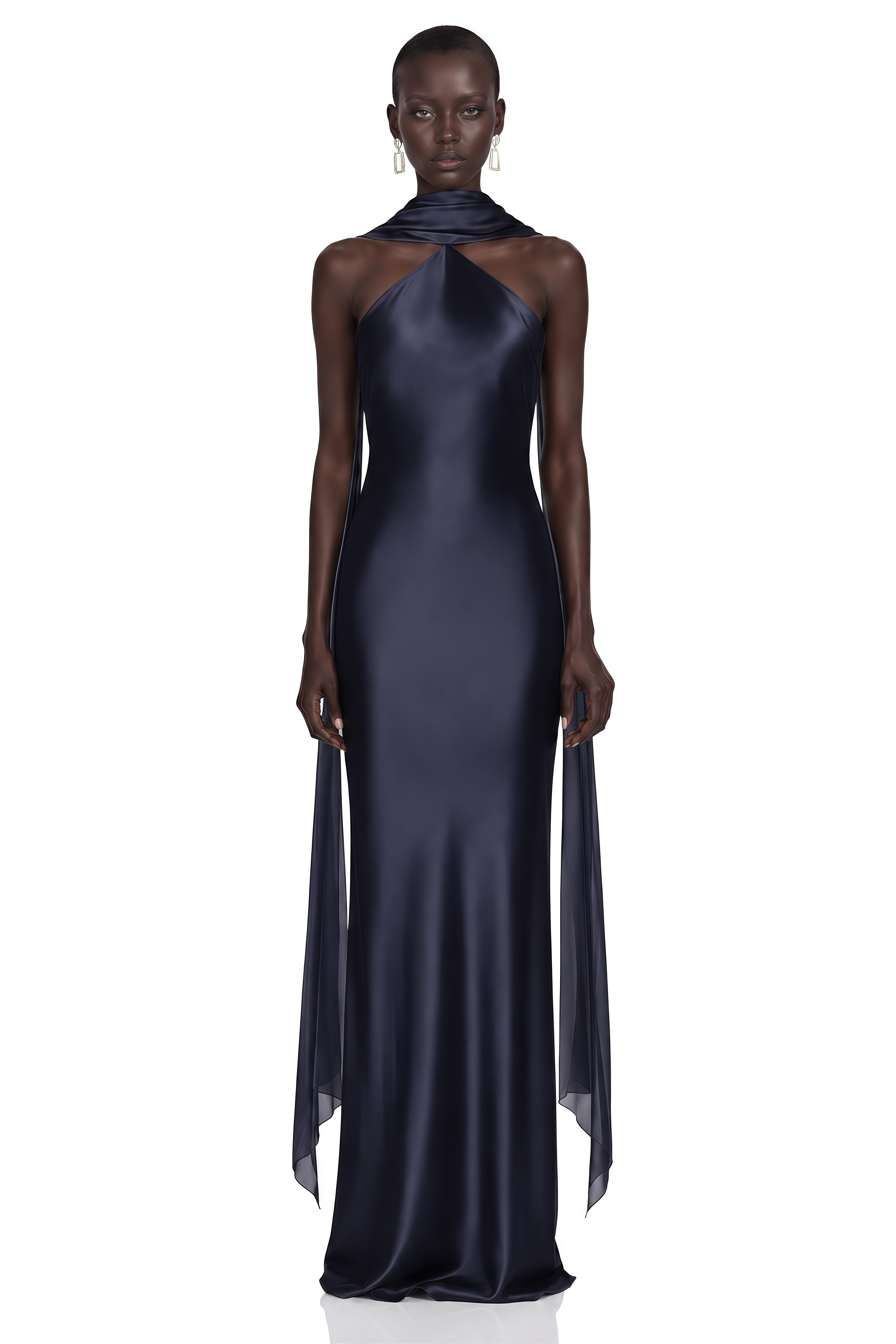 Rowena Navy Blue Halterneck Maxi Dress With Scarf
