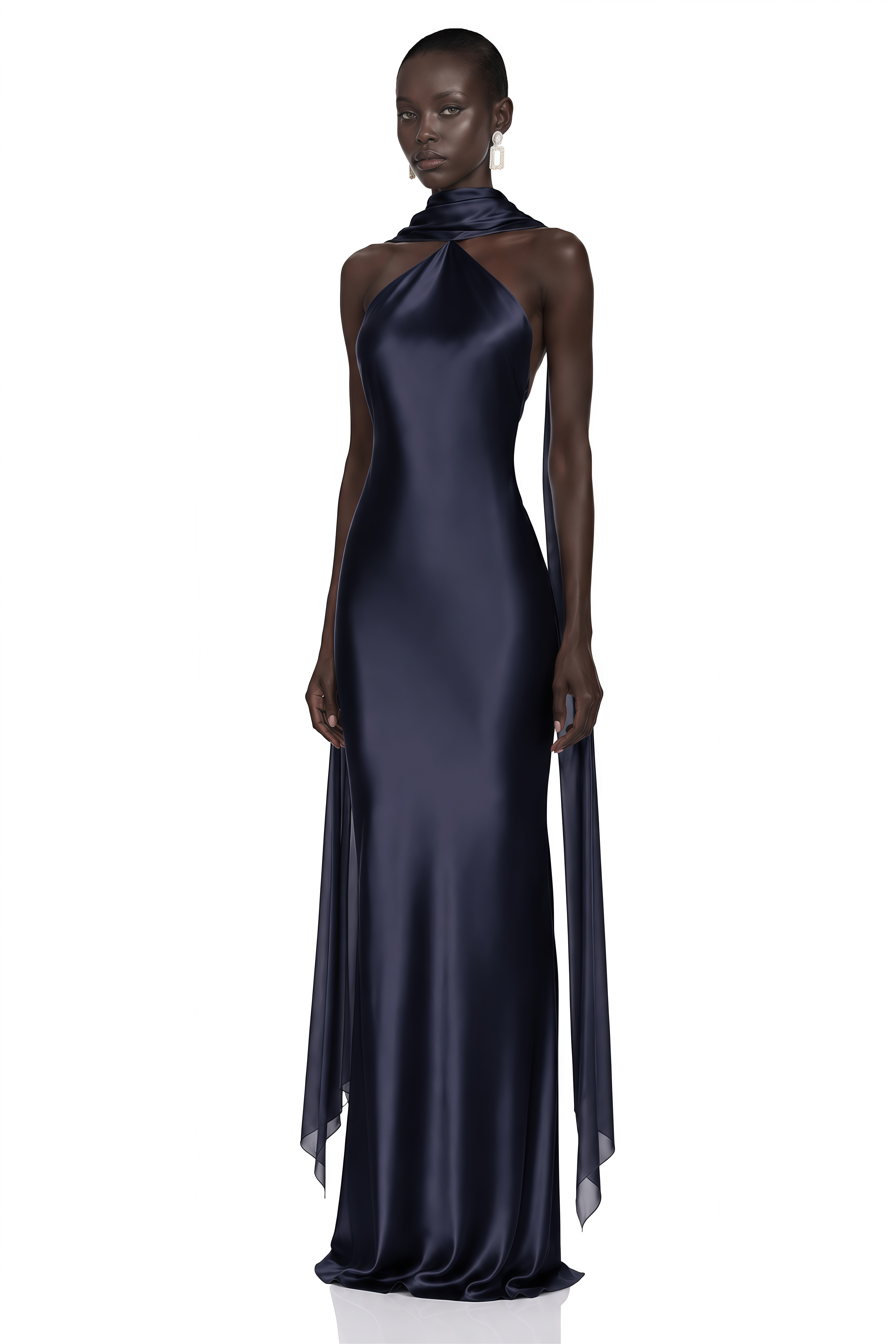 Rowena Navy Blue Halterneck Maxi Dress With Scarf