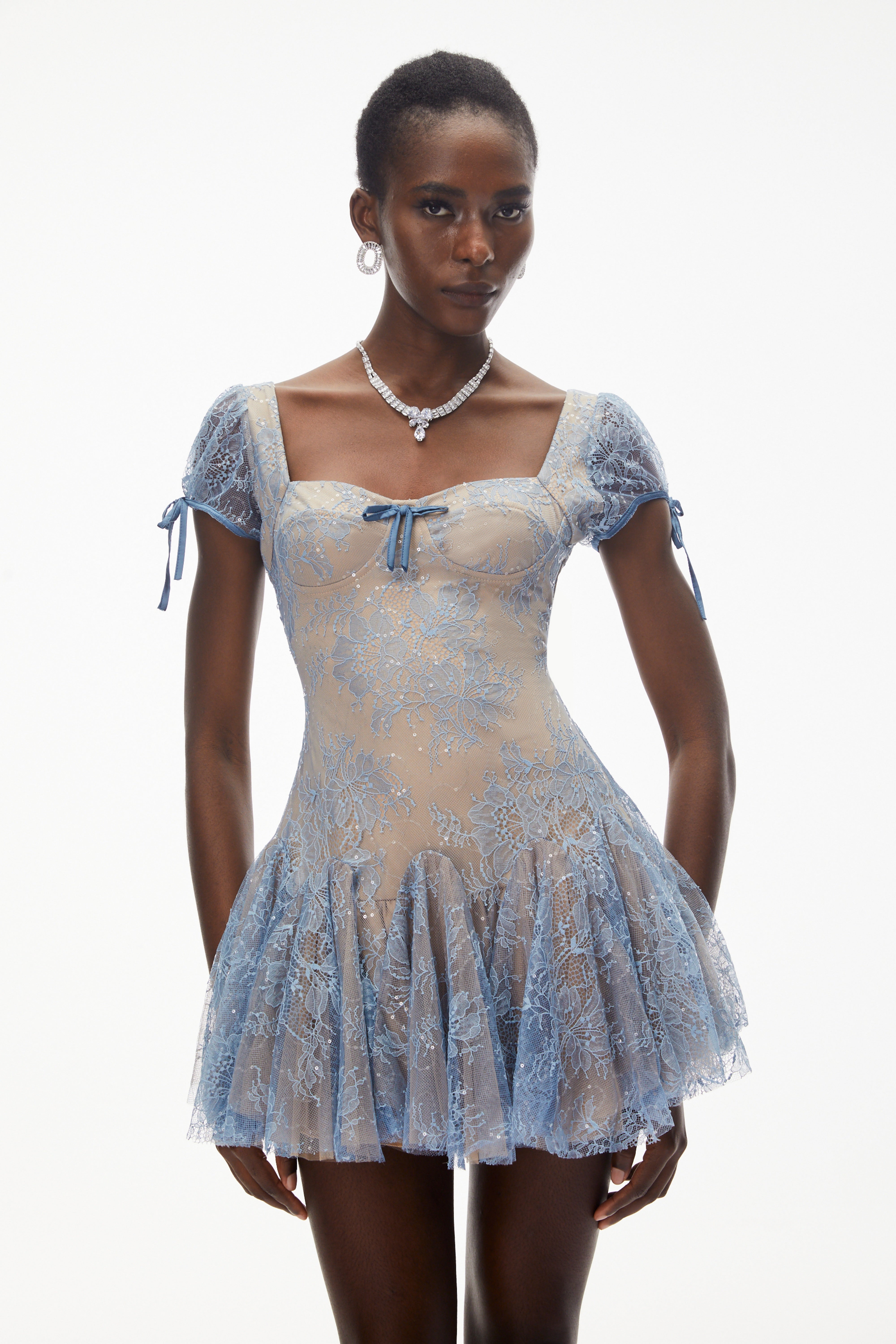 Ruslana Dusty Blue Ruched Lace Mini Dress – Miss Rosier - Women's