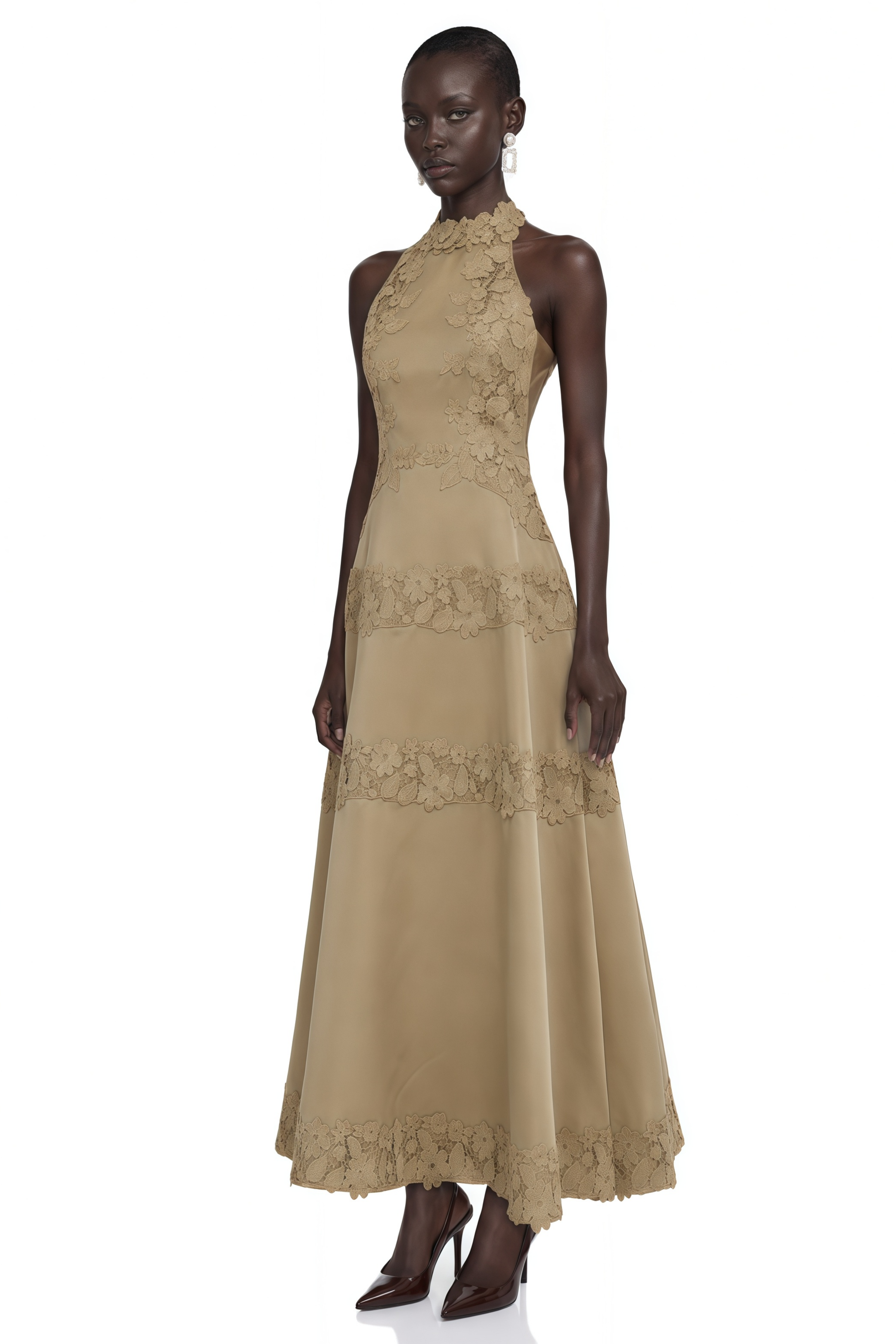 Rynlee Khaki High Neck Lace Trim Midi Dress