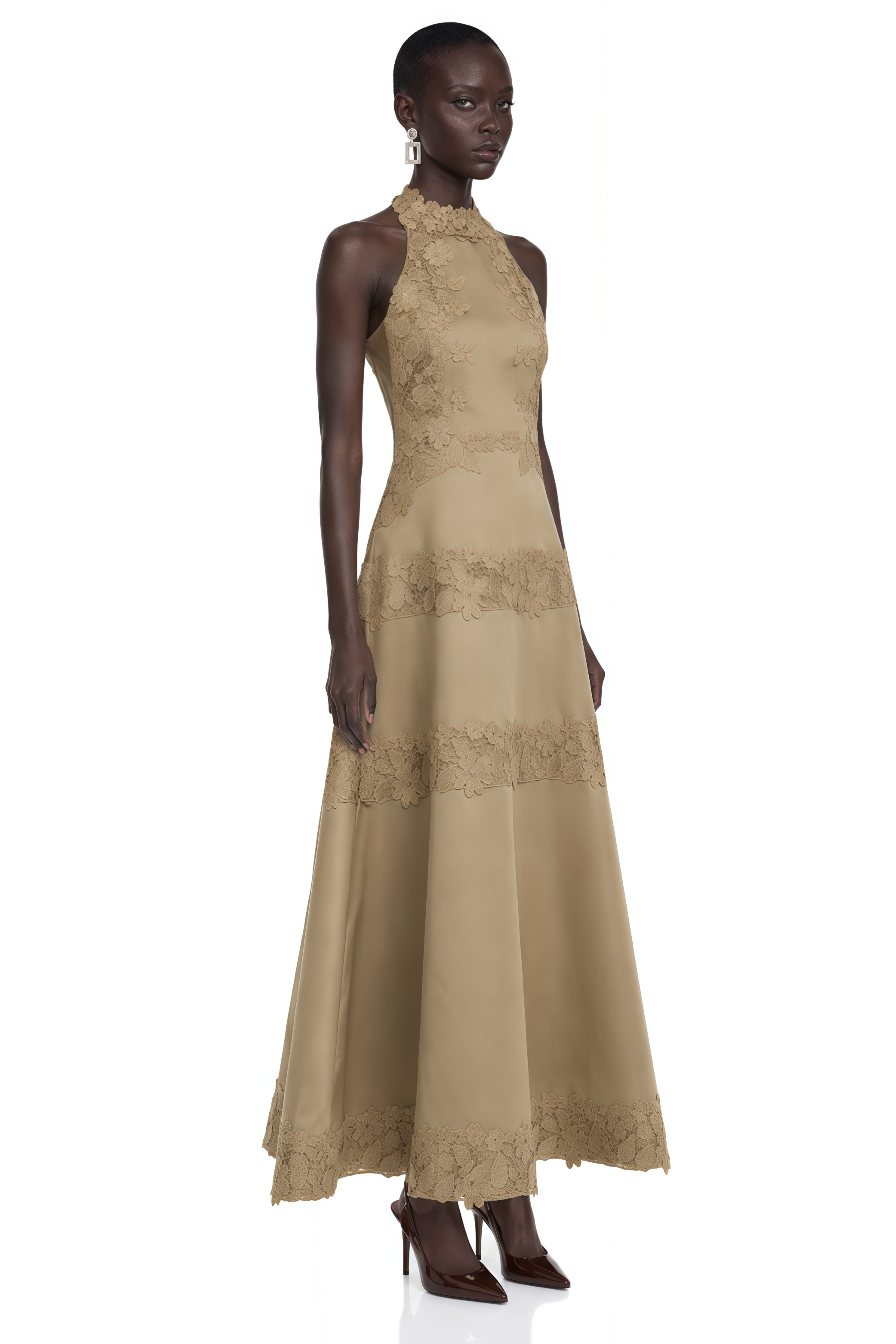 Rynlee Khaki High Neck Lace Trim Midi Dress