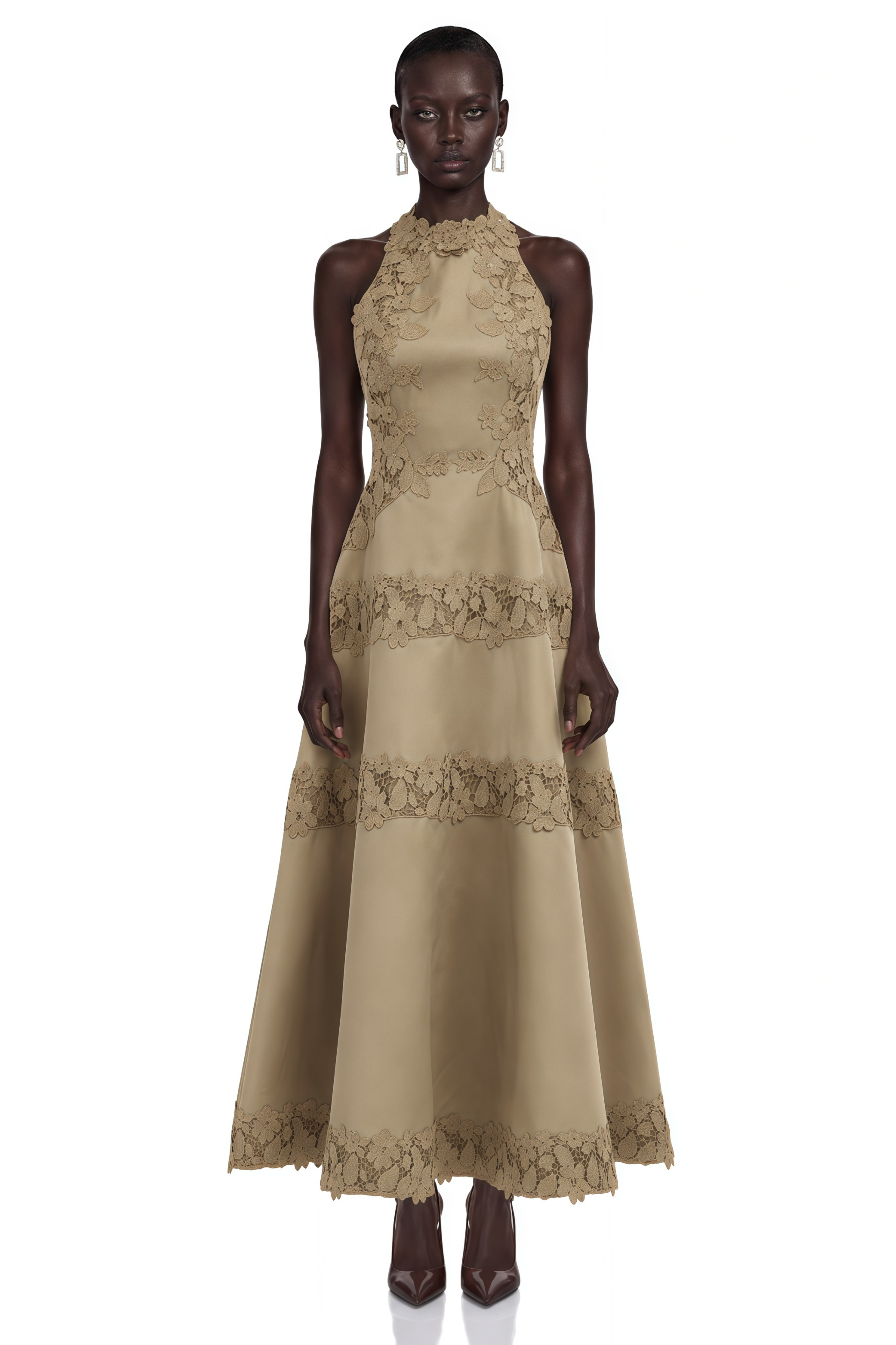 Rynlee Khaki High Neck Lace Trim Midi Dress