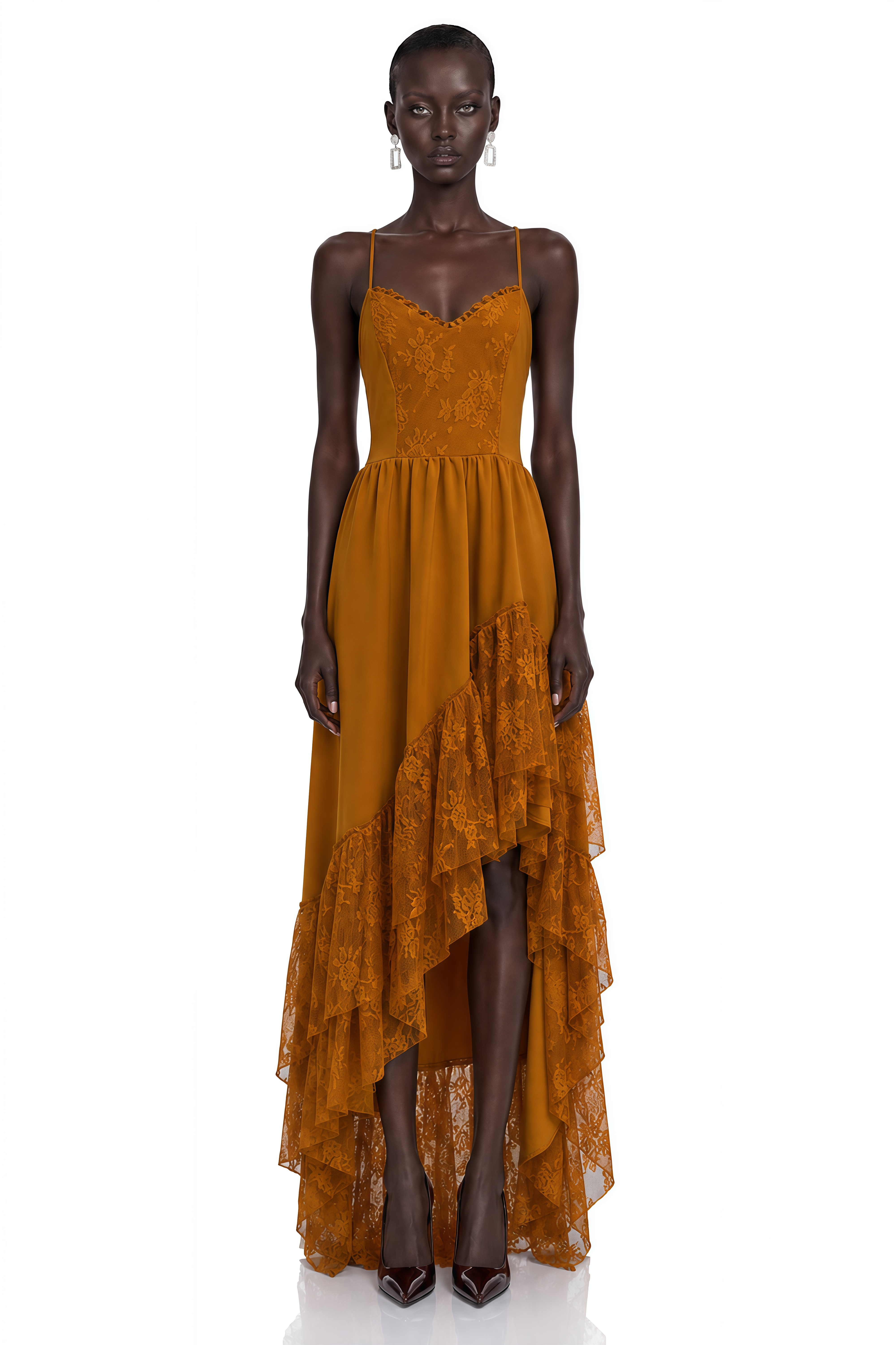 Rynne Brown Lace Patchwork Tiered Maxi Dress