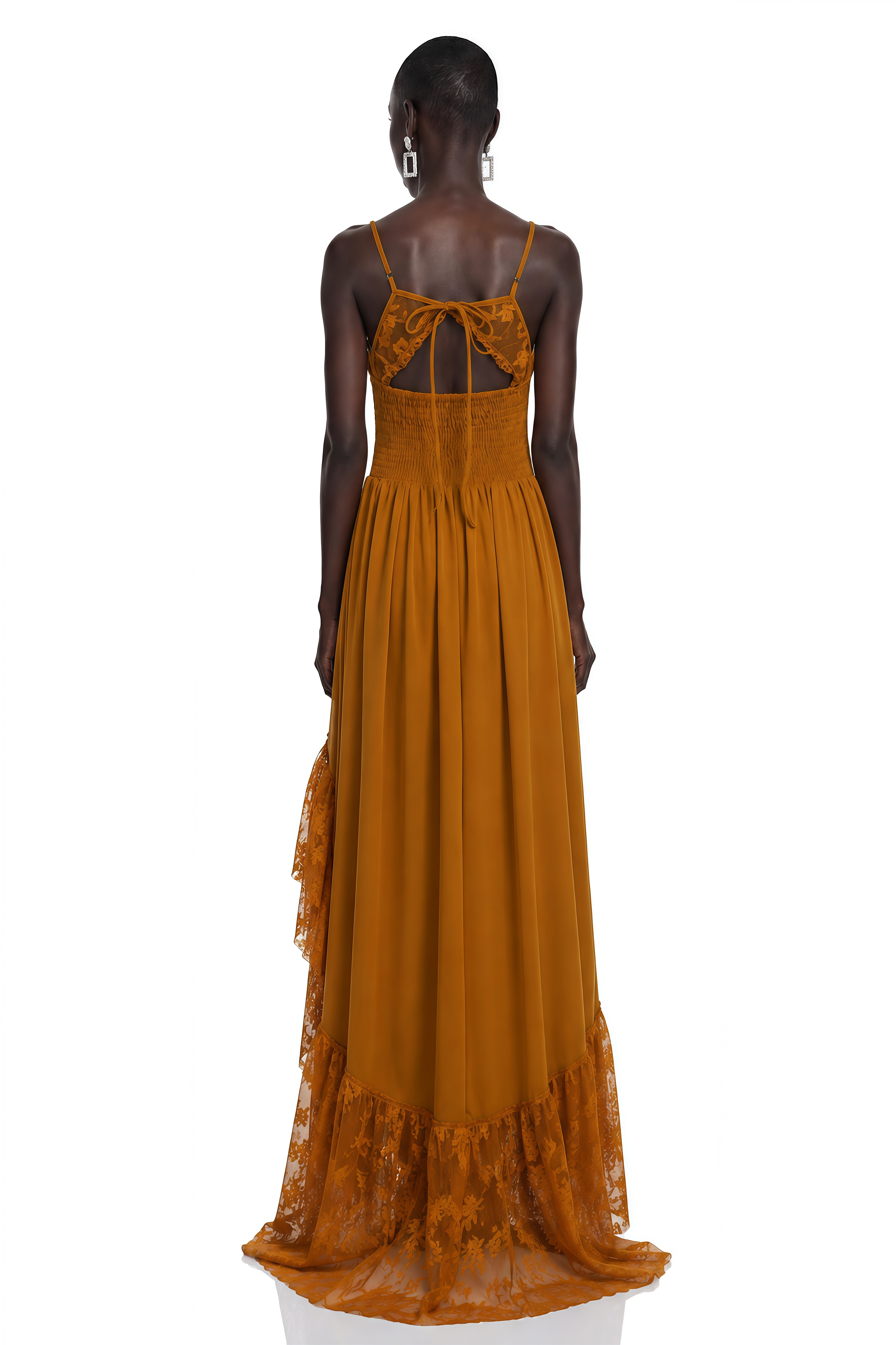Rynne Brown Lace Patchwork Tiered Maxi Dress