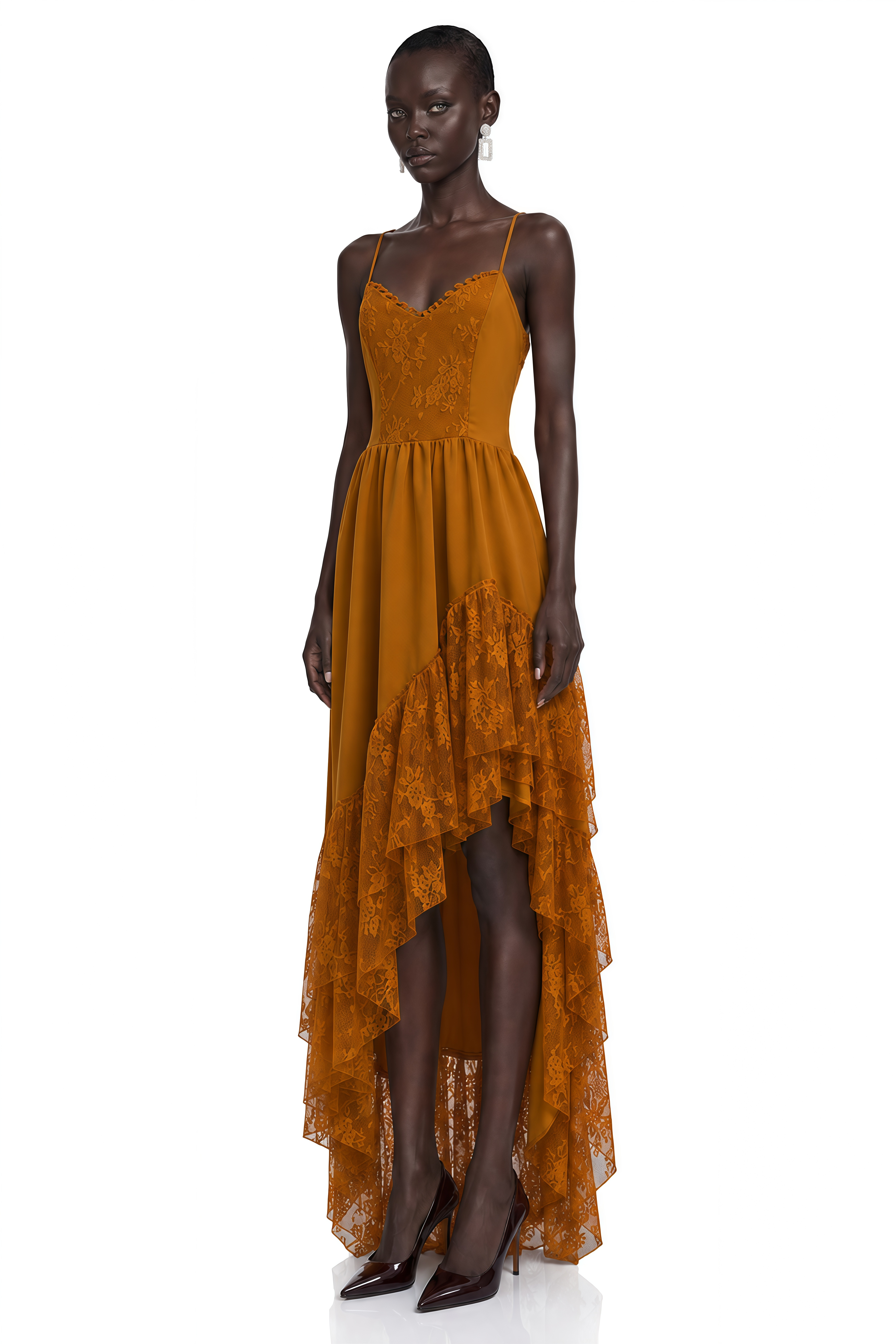 Rynne Brown Lace Patchwork Tiered Maxi Dress