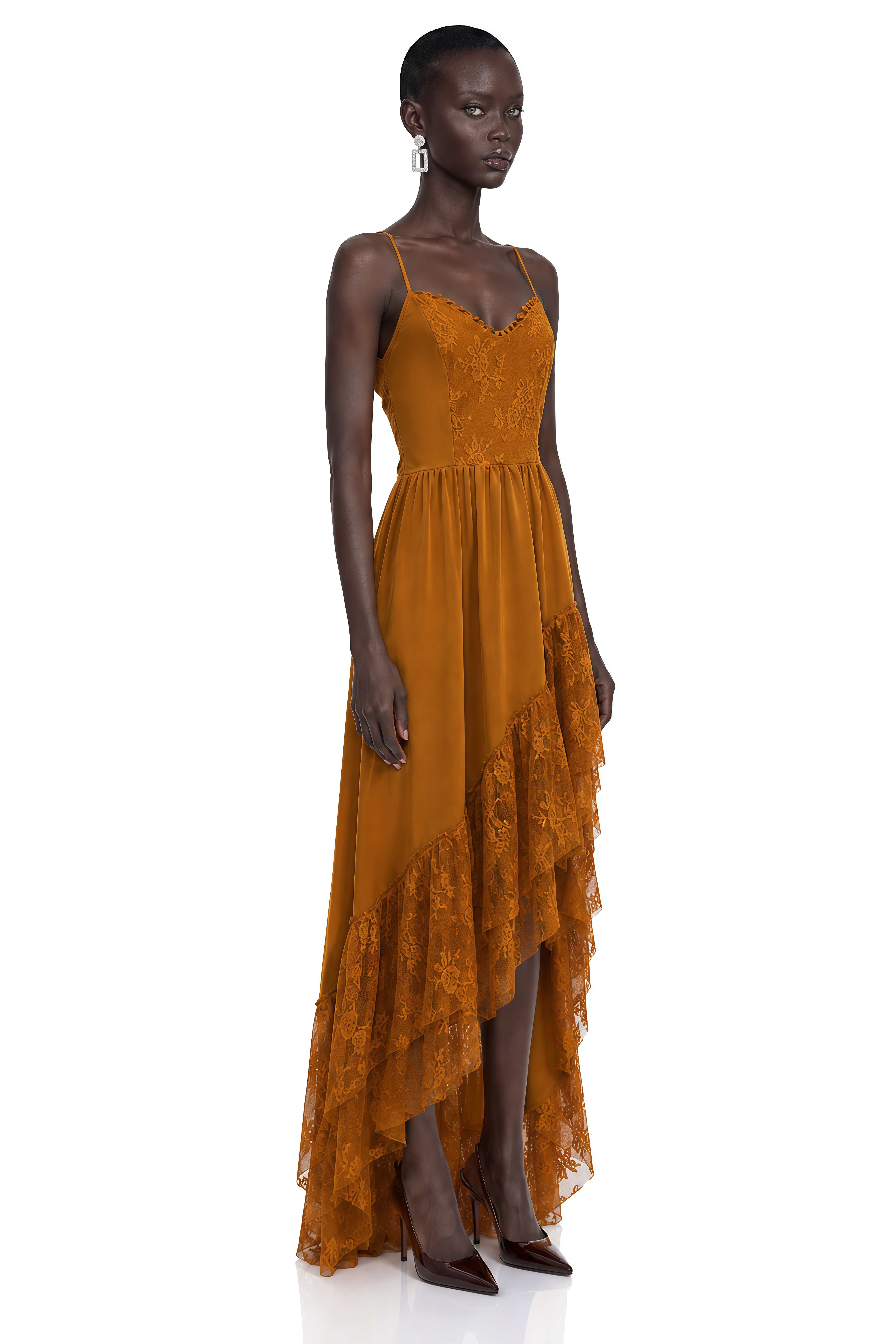 Rynne Brown Lace Patchwork Tiered Maxi Dress