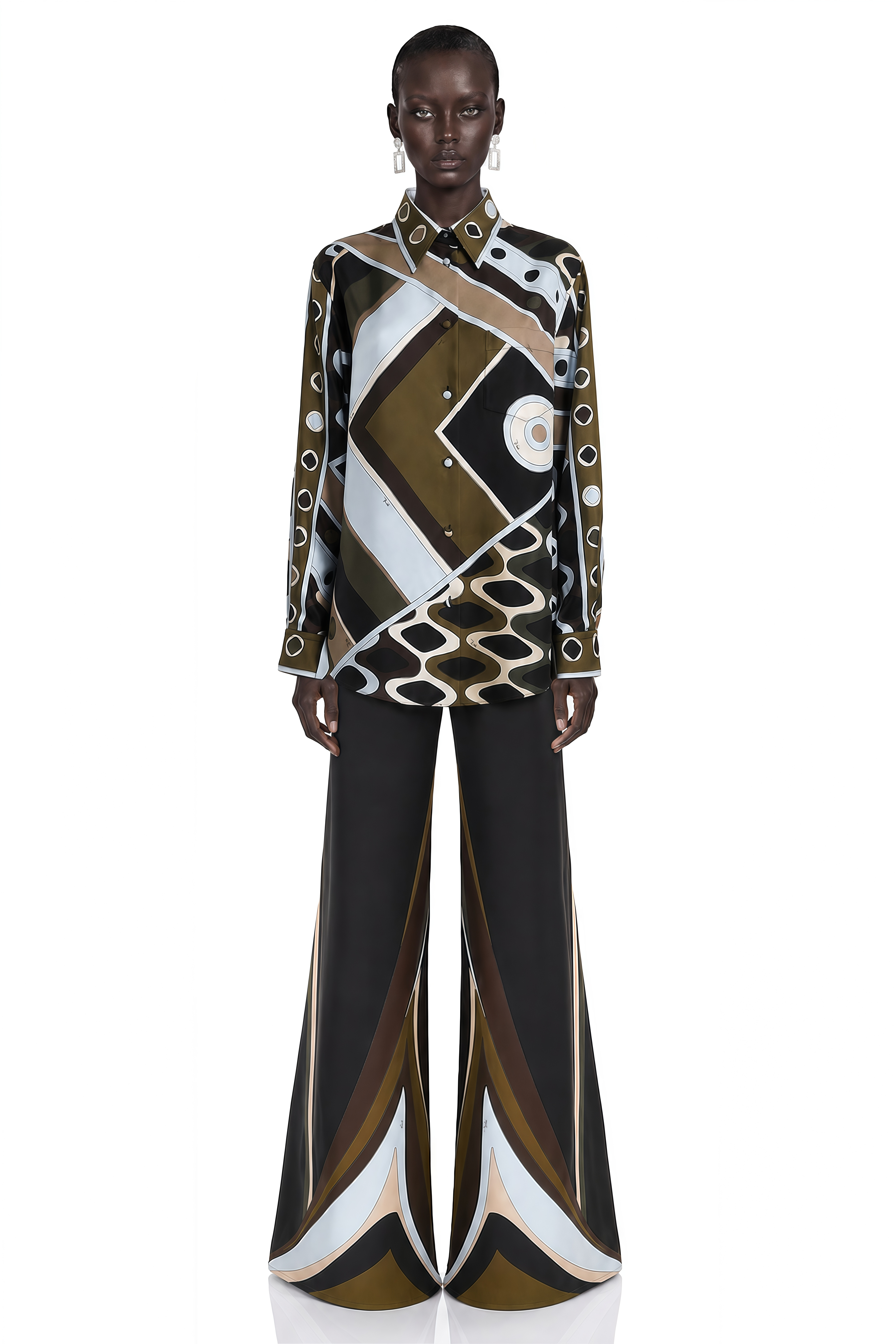 Sabella Green Abstract Print Shirt Top & Wide-Leg Trousers Set