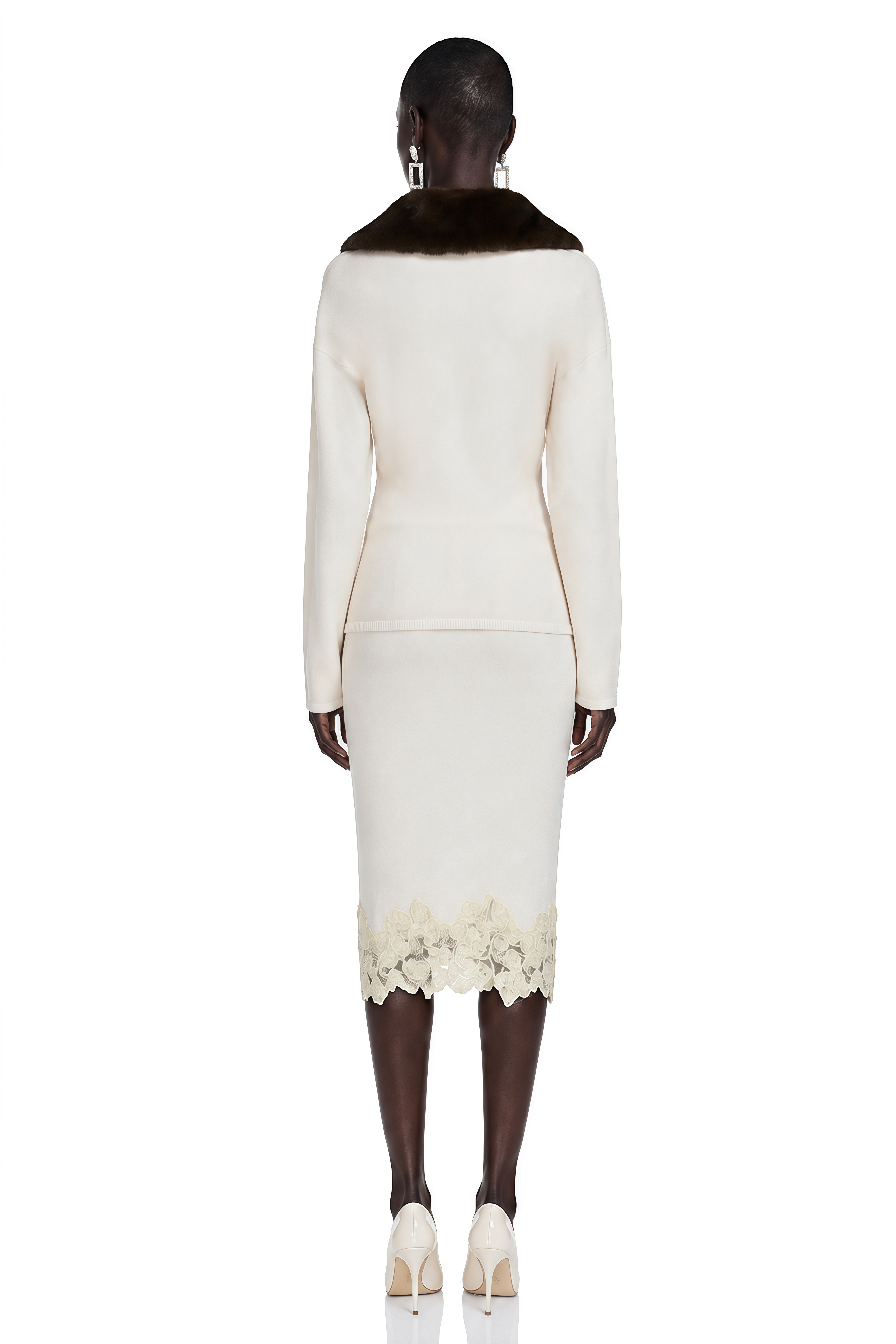 Sabina White Fur Collar Top & Midi Skirt Set