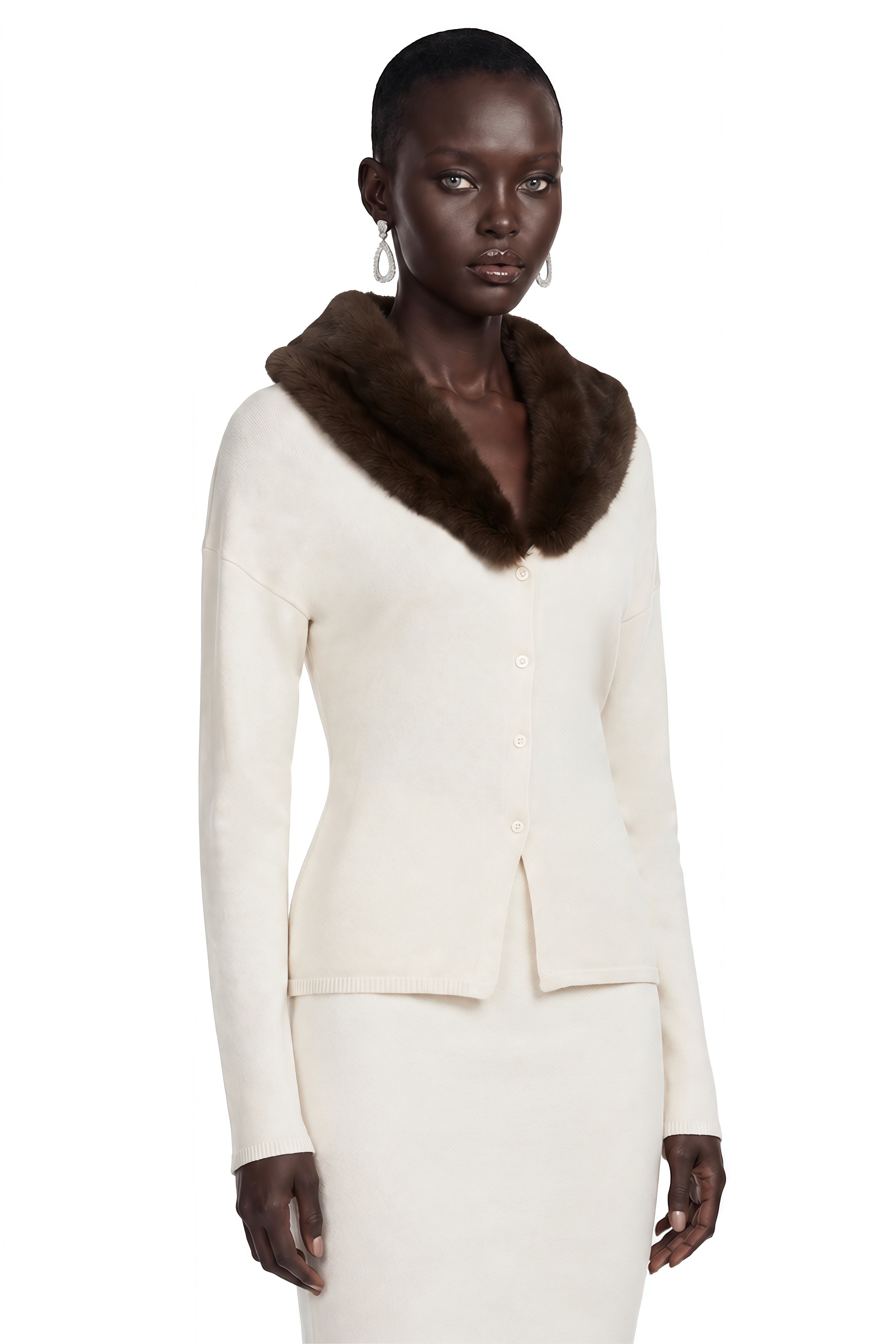 Sabina White Fur Collar Top & Midi Skirt Set