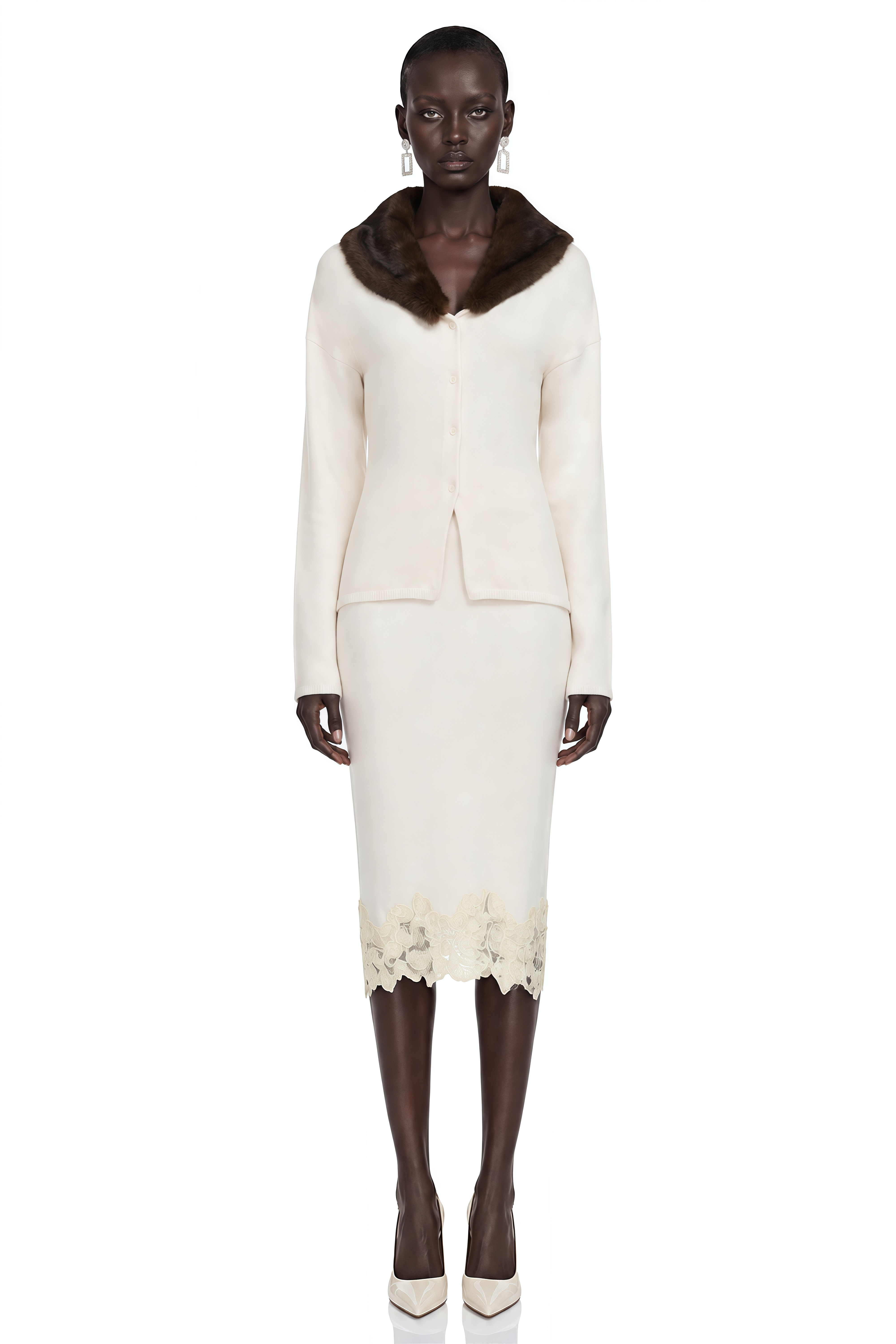 Sabina White Fur Collar Top & Midi Skirt Set