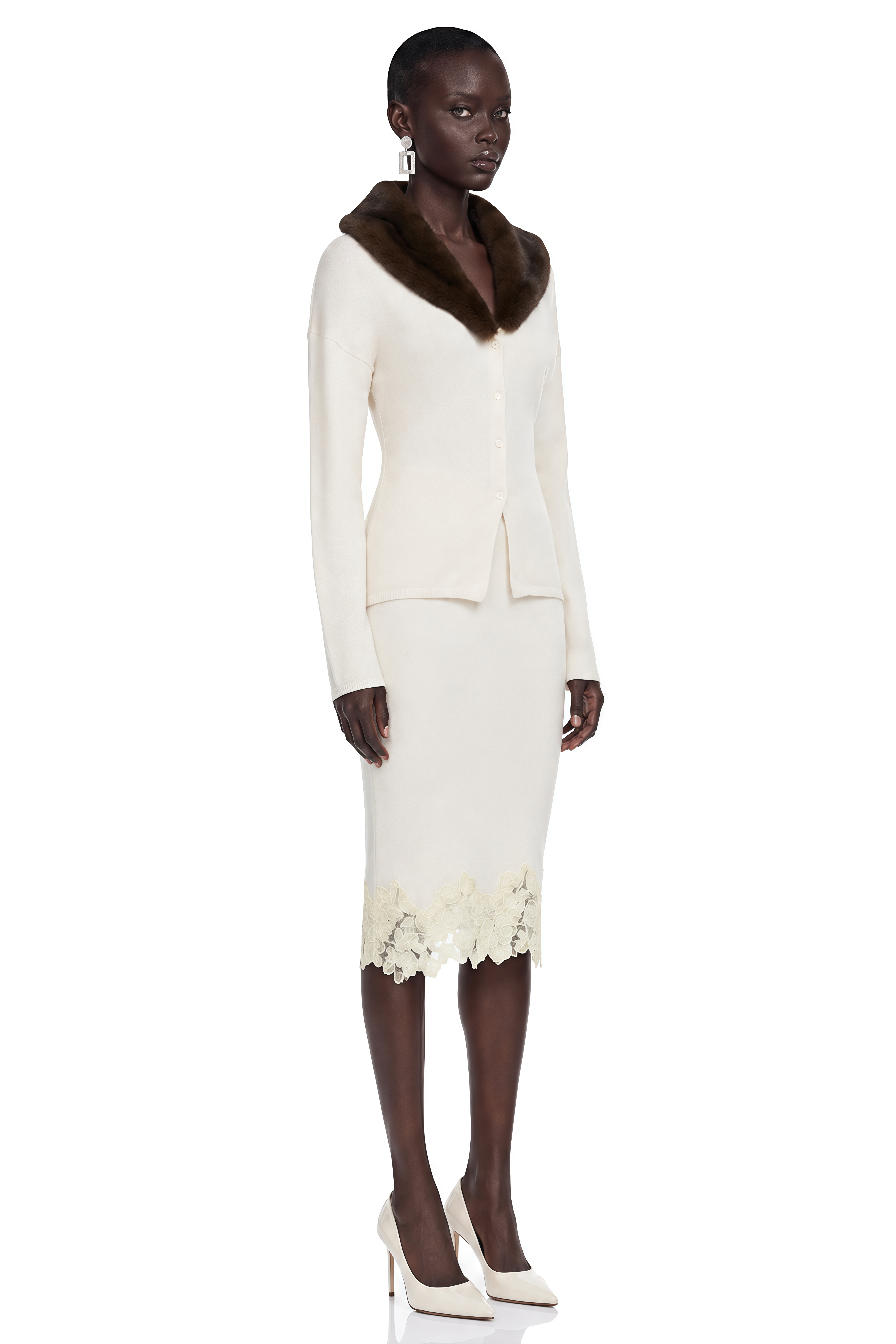 Sabina White Fur Collar Top & Midi Skirt Set