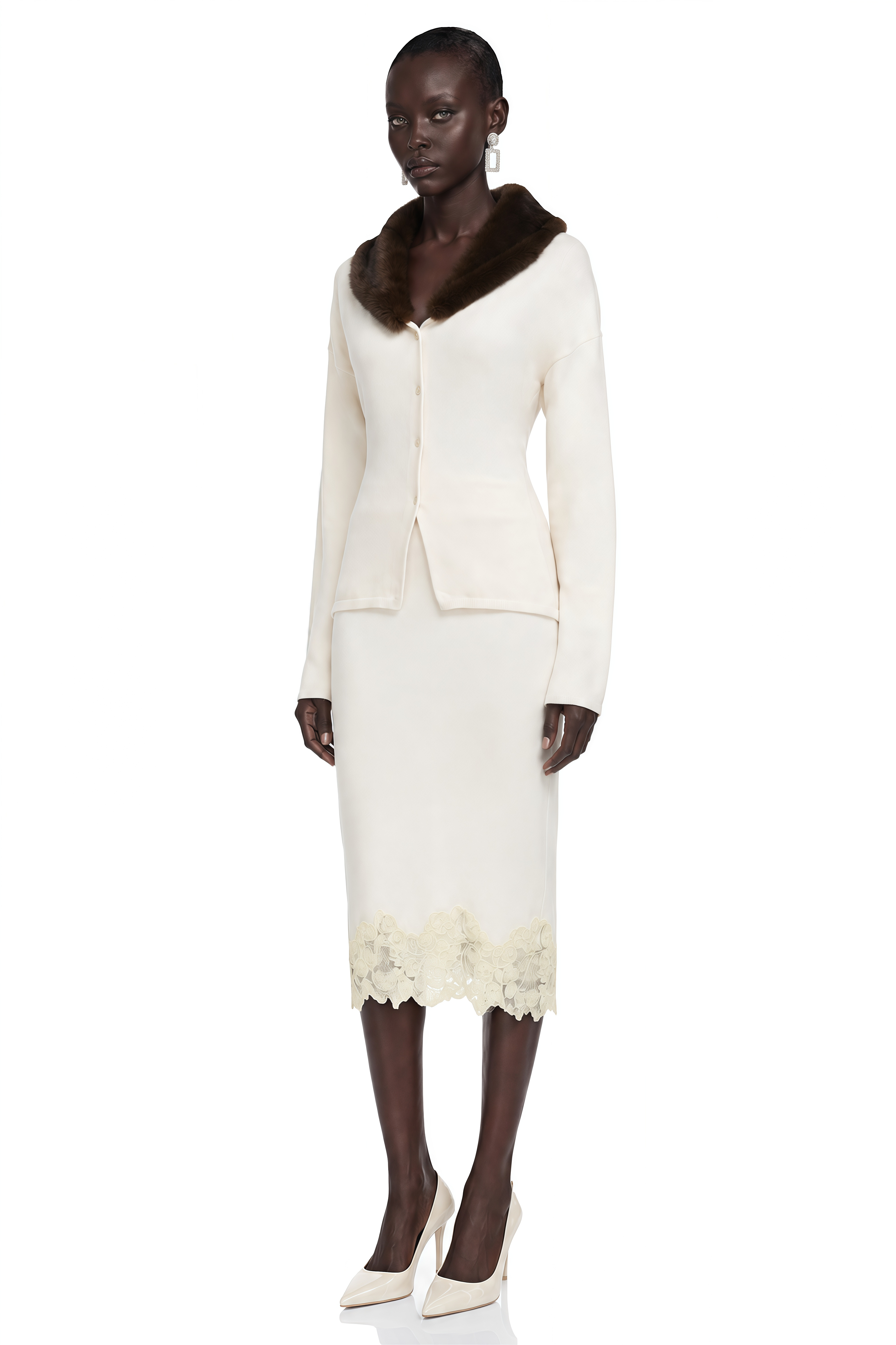 Sabina White Fur Collar Top & Midi Skirt Set