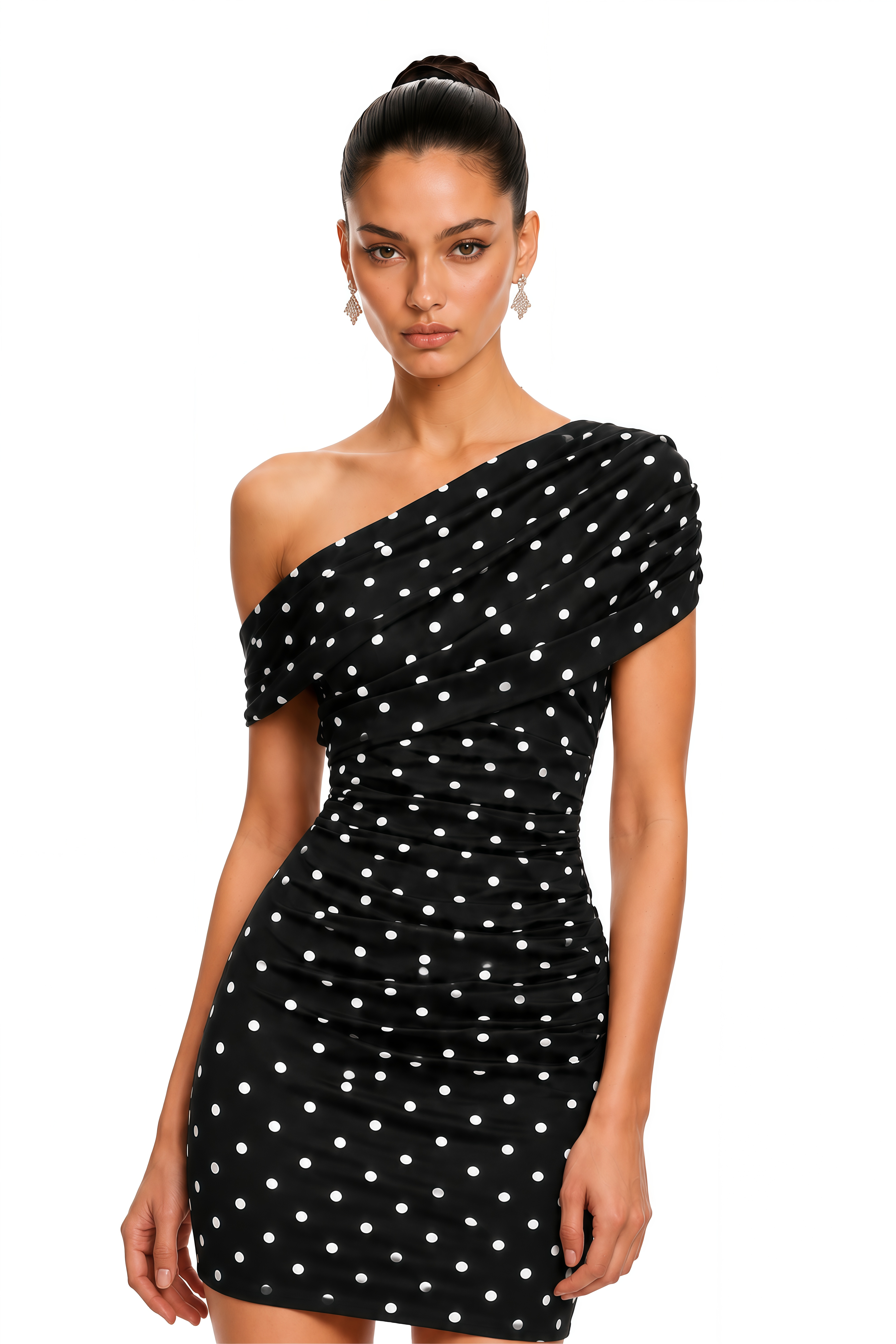Sabine Black Polka Dot One Shoulder Ruched Mini Dress
