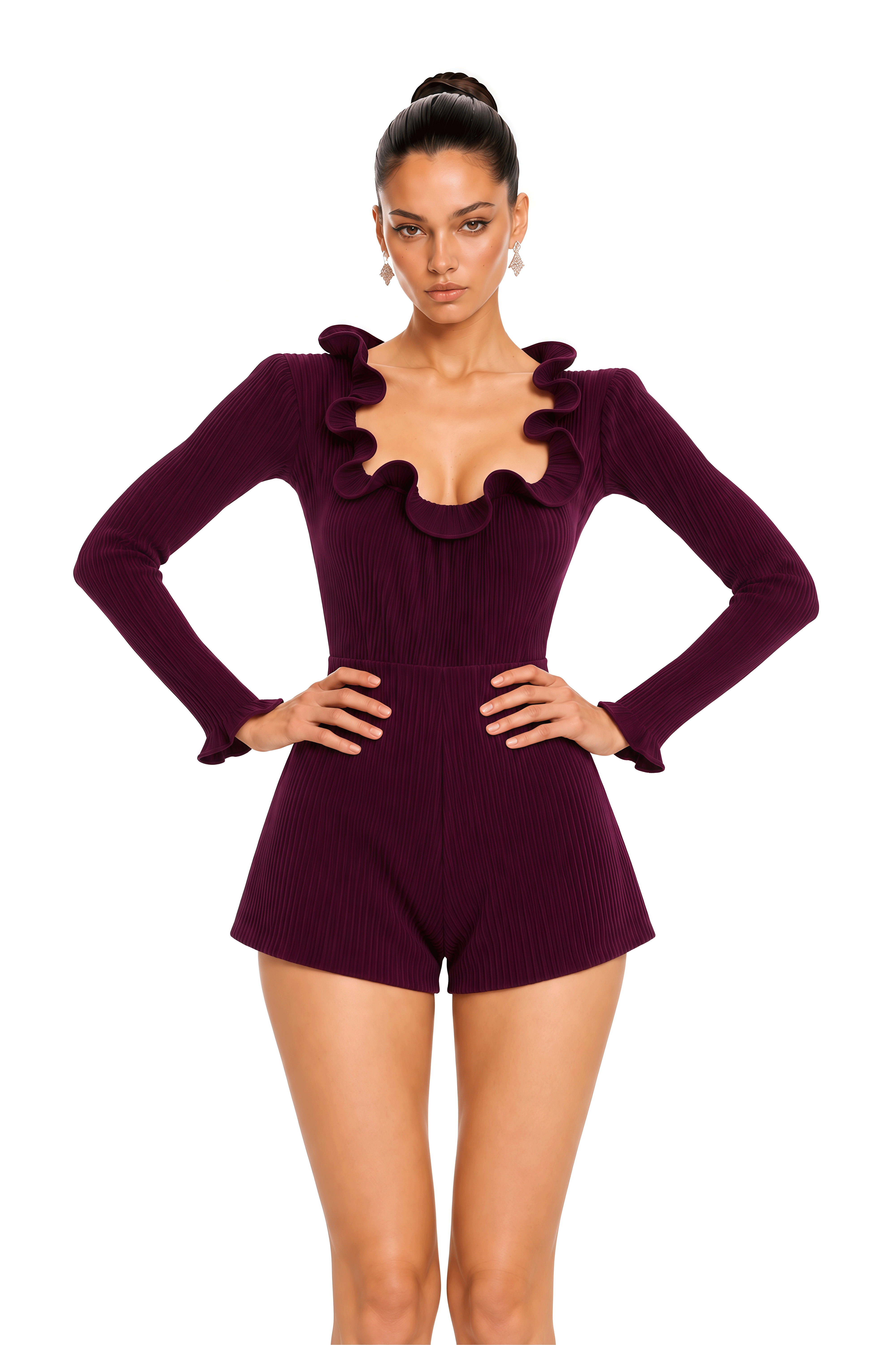 Sabine Burgundy Ruffle Neck Pleated Bodysuit