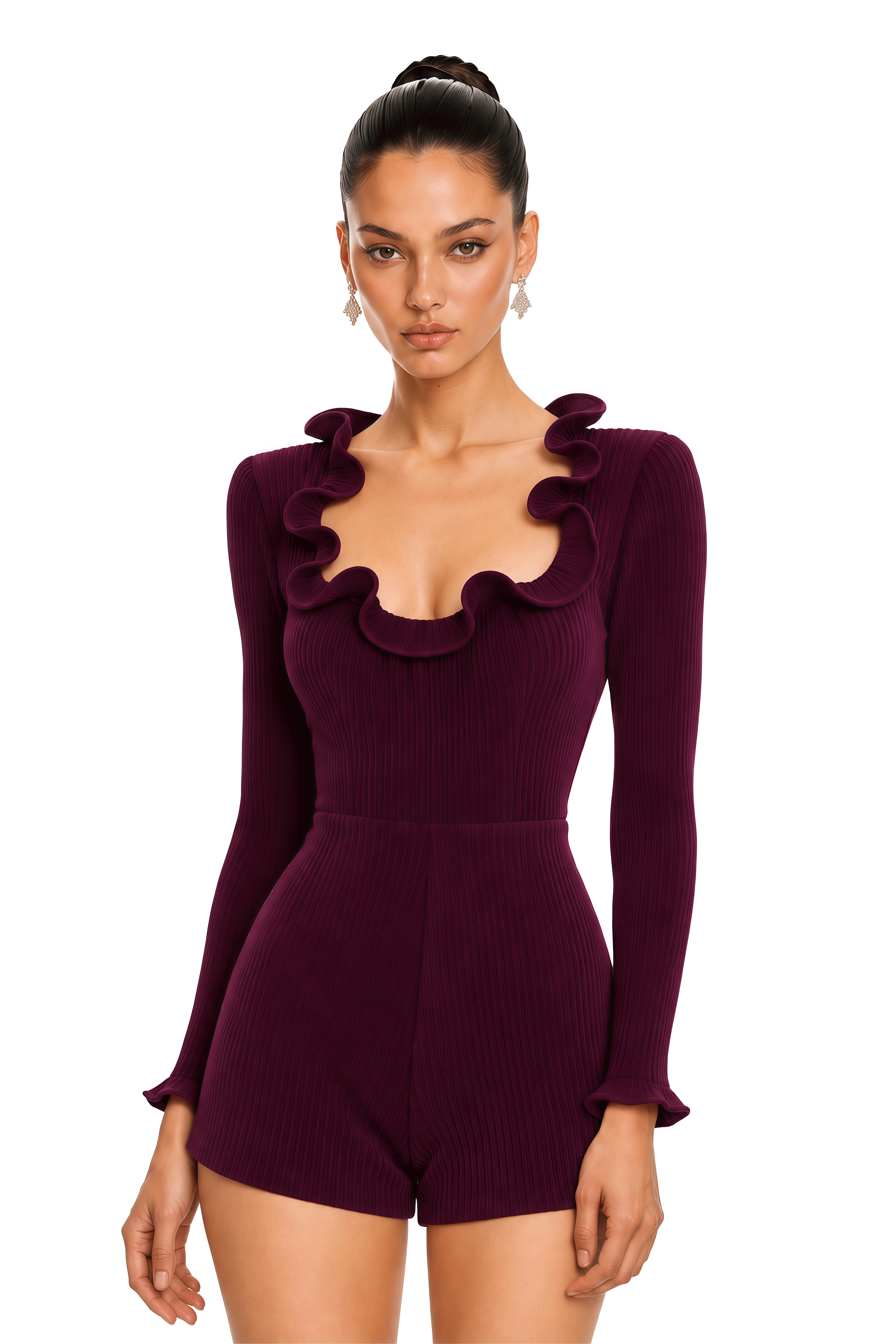 Sabine Burgundy Ruffle Neck Pleated Bodysuit