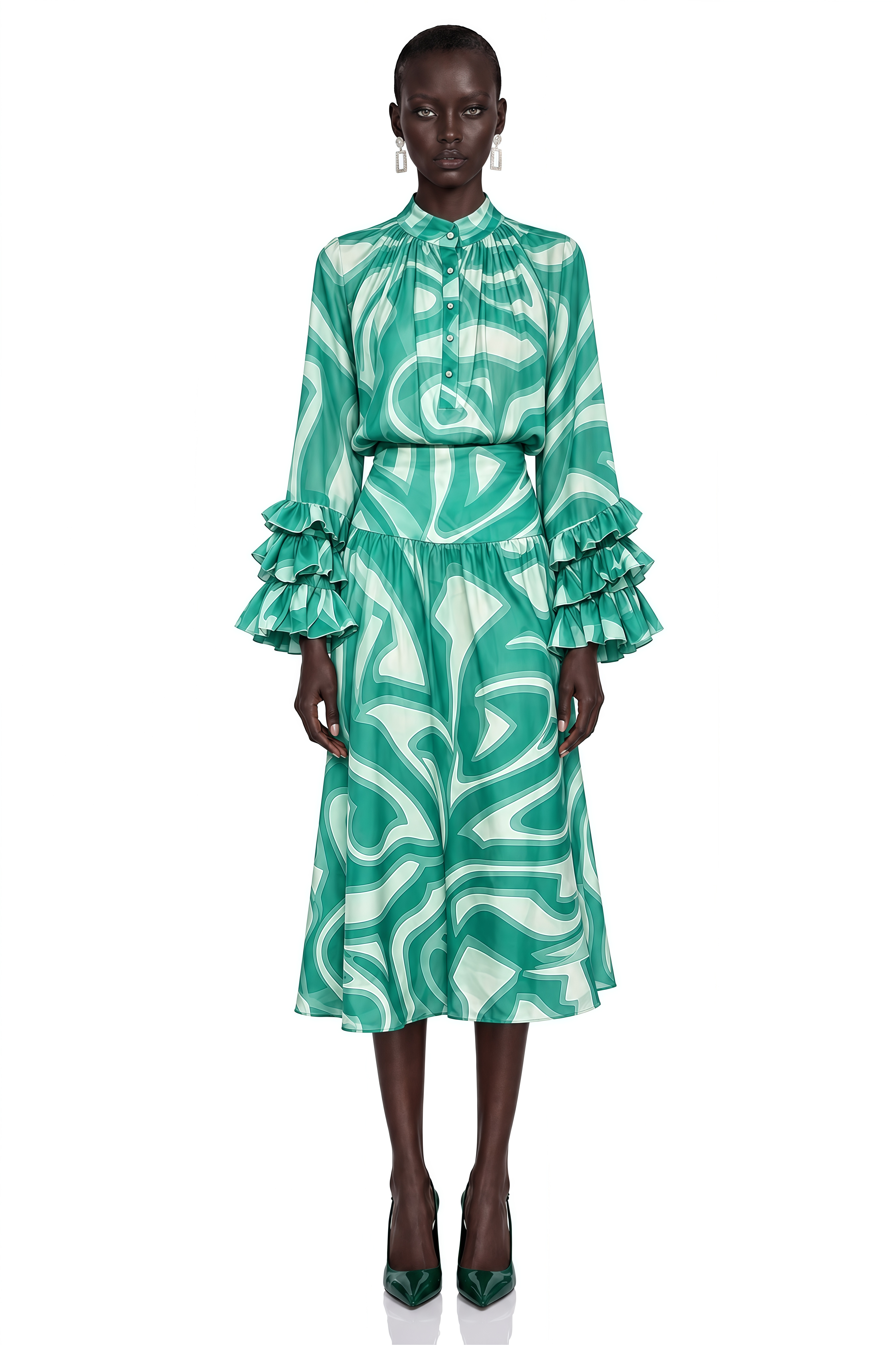 Sabine Green Abstract Print Long Sleeve Blouse & Midi Skirt Set