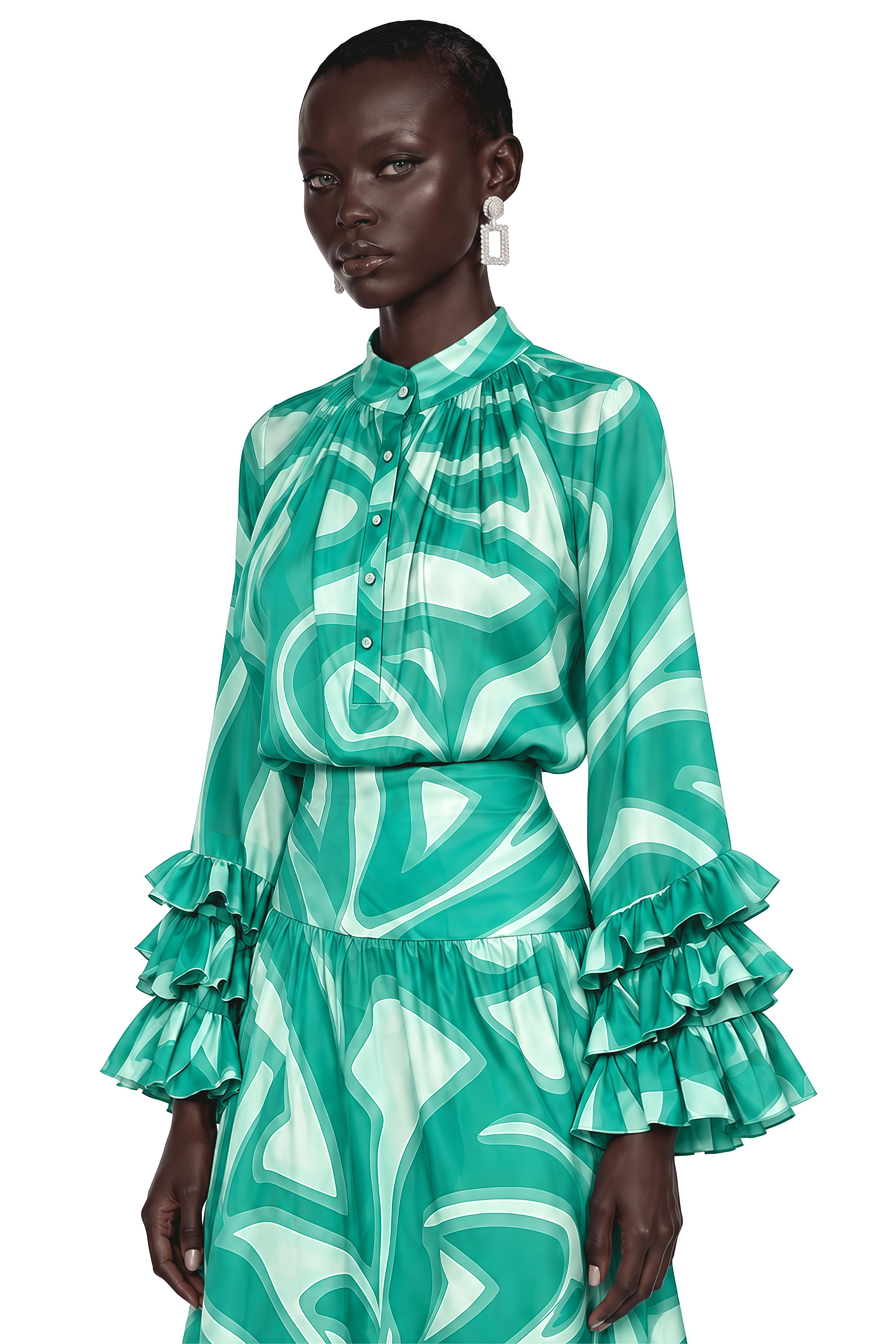 Sabine Green Abstract Print Long Sleeve Blouse & Midi Skirt Set