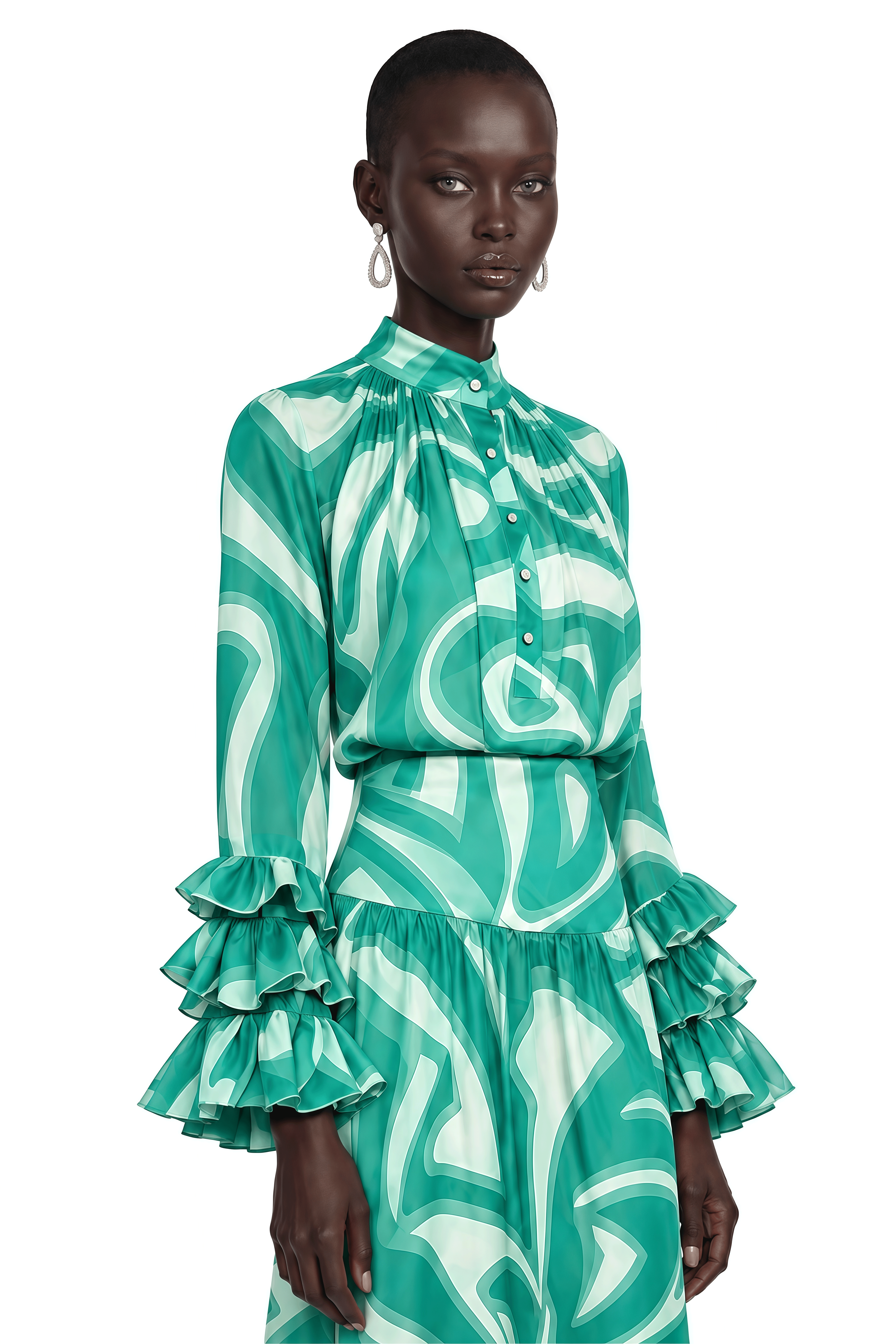 Sabine Green Abstract Print Long Sleeve Blouse & Midi Skirt Set