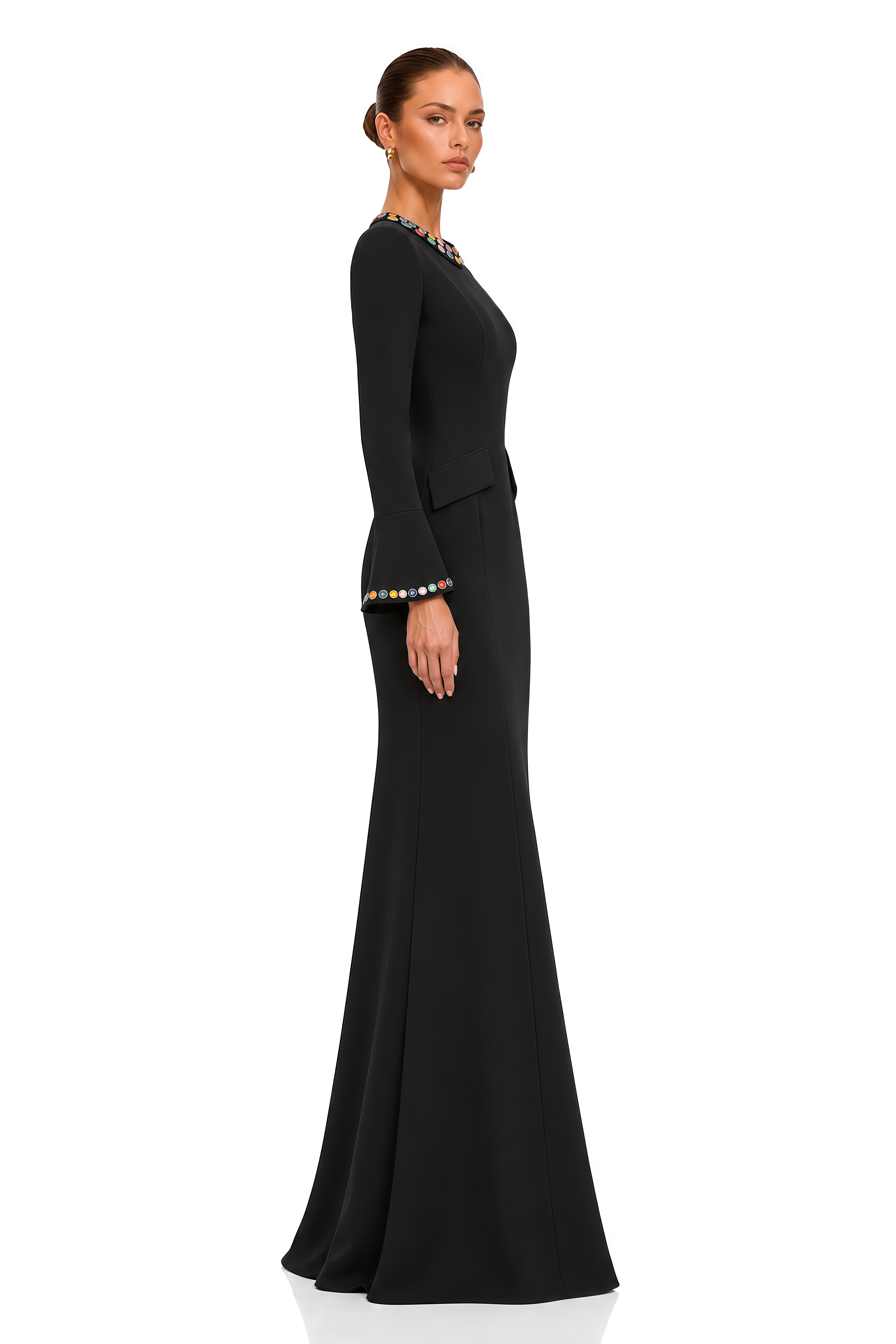 Sabrielle Black Jewel Trim Flared Sleeve Maxi Dress